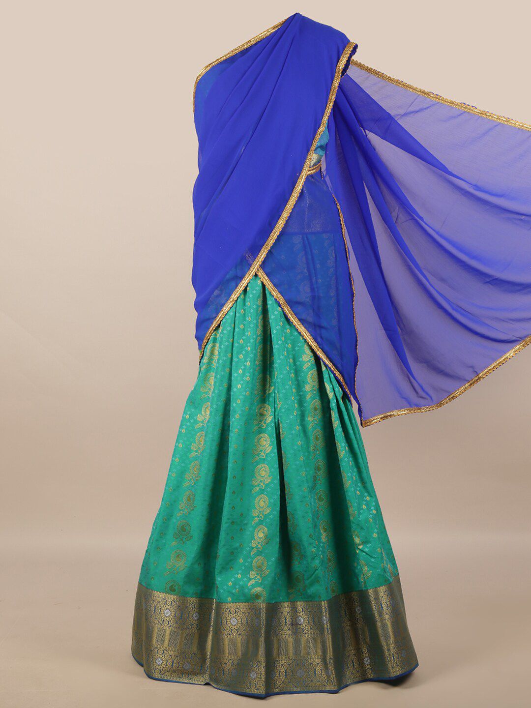 Pothys Blue & Green Unstitched Lehenga & Blouse With Dupatta Price in India