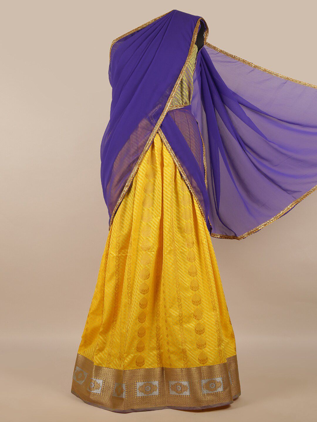 Pothys Lavender & Yellow Unstitched Lehenga & Blouse With Dupatta Price in India