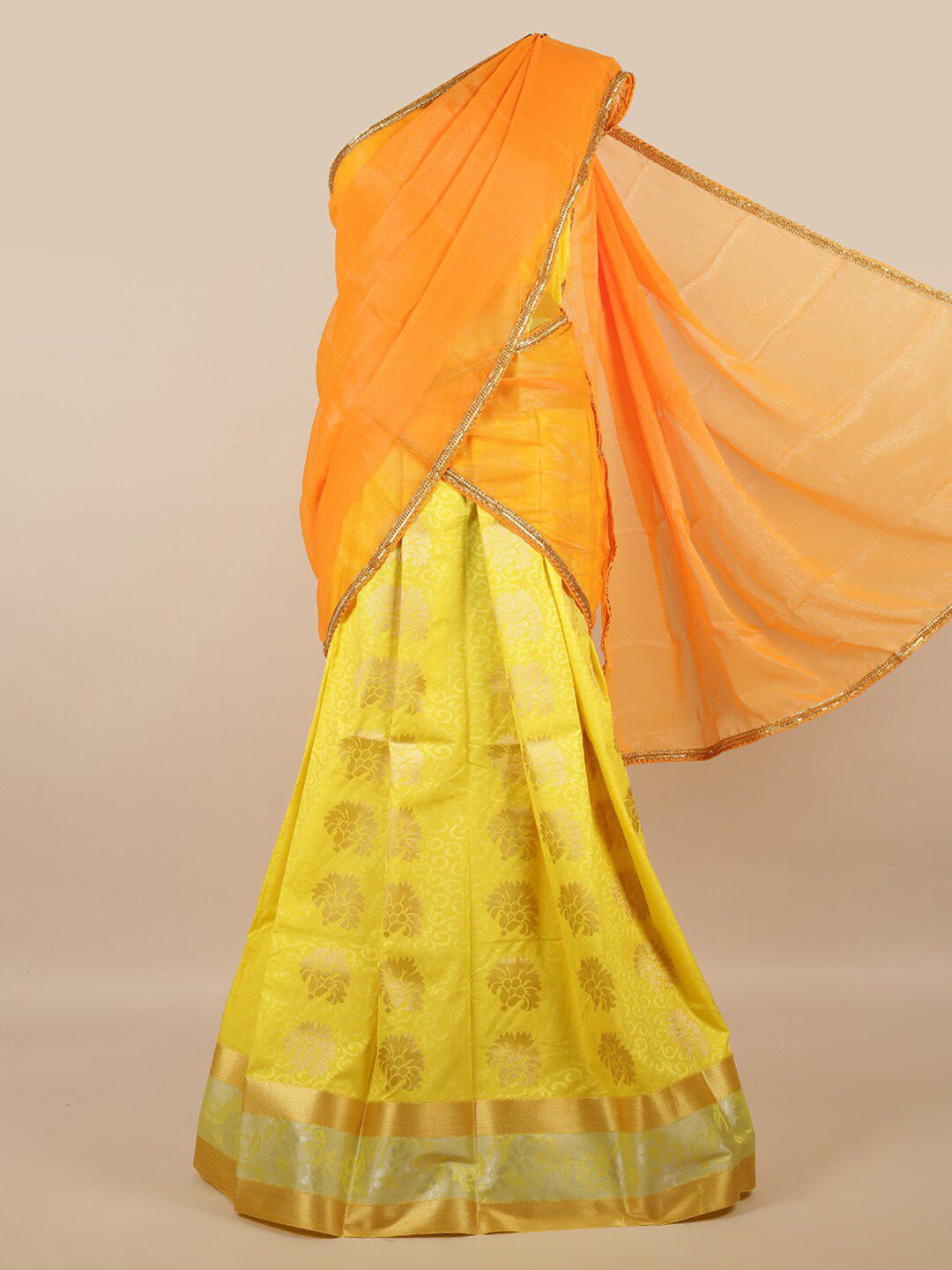 Pothys Orange & Yellow Unstitched Lehenga & Blouse With Dupatta Price in India