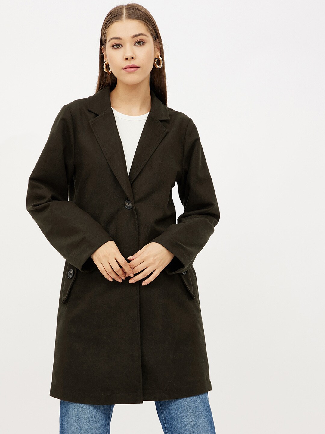Harpa Women Olive Green Checked Longline Duster Jacket Price in India