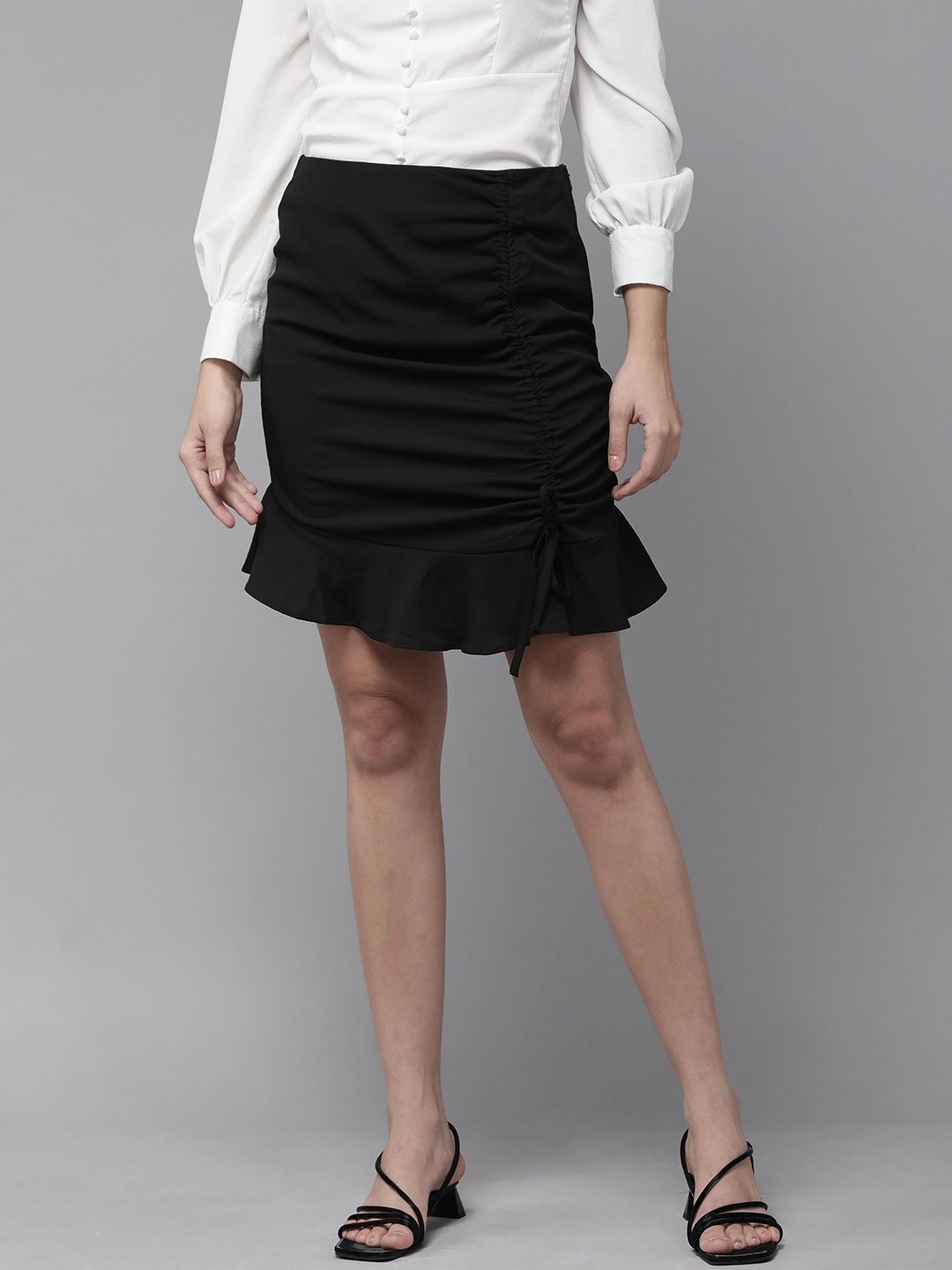 RARE Women Black Solid Ruched Detail Flounce Hem A-Line Skirt