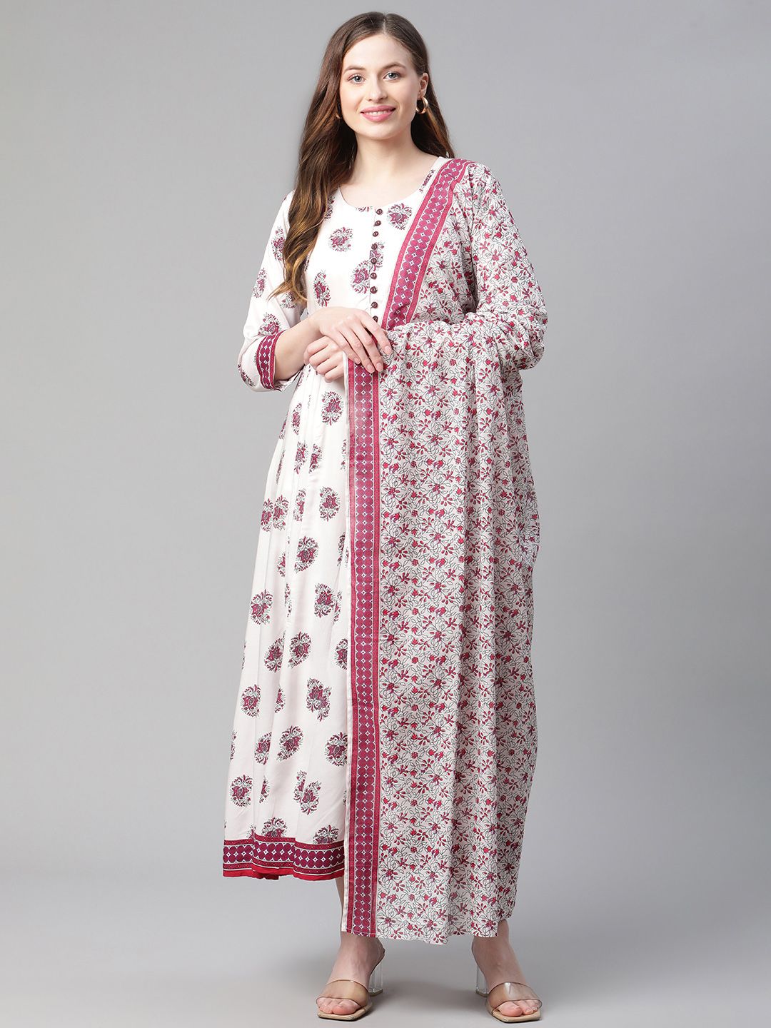 Rangriti Women Assorted Ethnic Motifs Print Maxi Dress with Dupatta Price in India