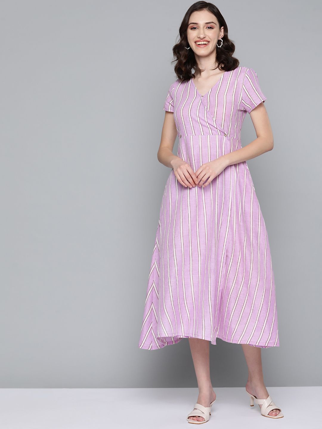 HERE&NOW Lavender & Off White Striped Midi Dress Price in India