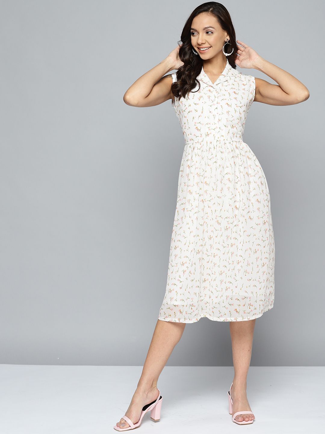 HERE&NOW Women White & Green Floral A-Line Midi Dress Price in India