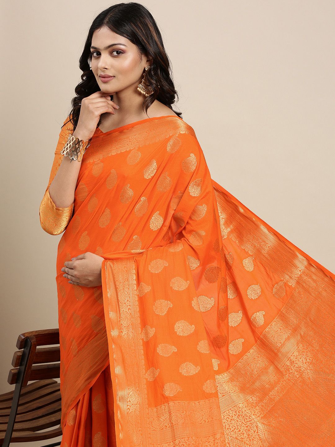 Mitera Orange & Golden Ethnic Motifs Saree with Zari Work Price in India