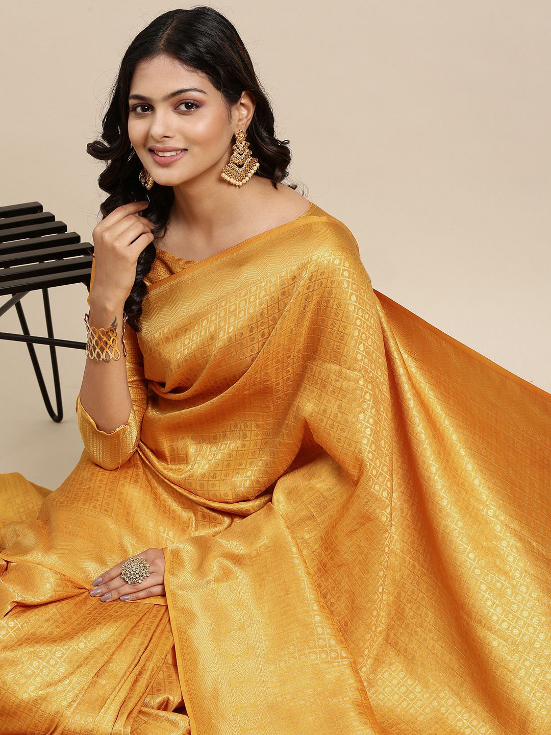 Mitera Yellow & Golden Ethnic Motifs Saree with Zari Work Price in India