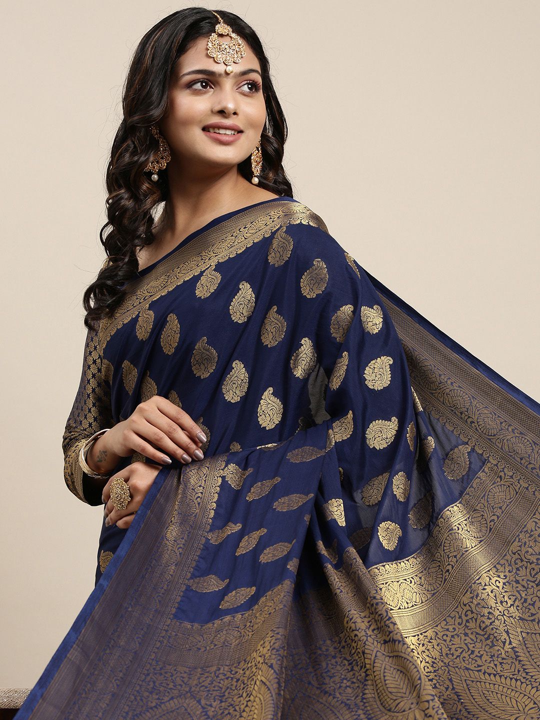 Mitera Navy Blue & Golden Ethnic Motifs Saree with Zari Work Price in India