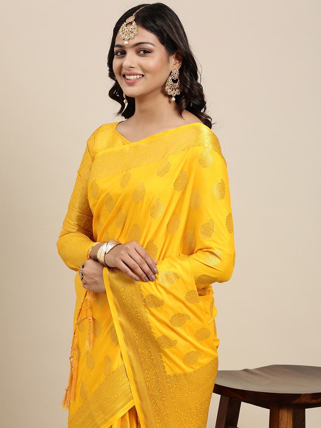 Mitera Yellow & Golden Ethnic Motifs Saree with Zari Work Price in India