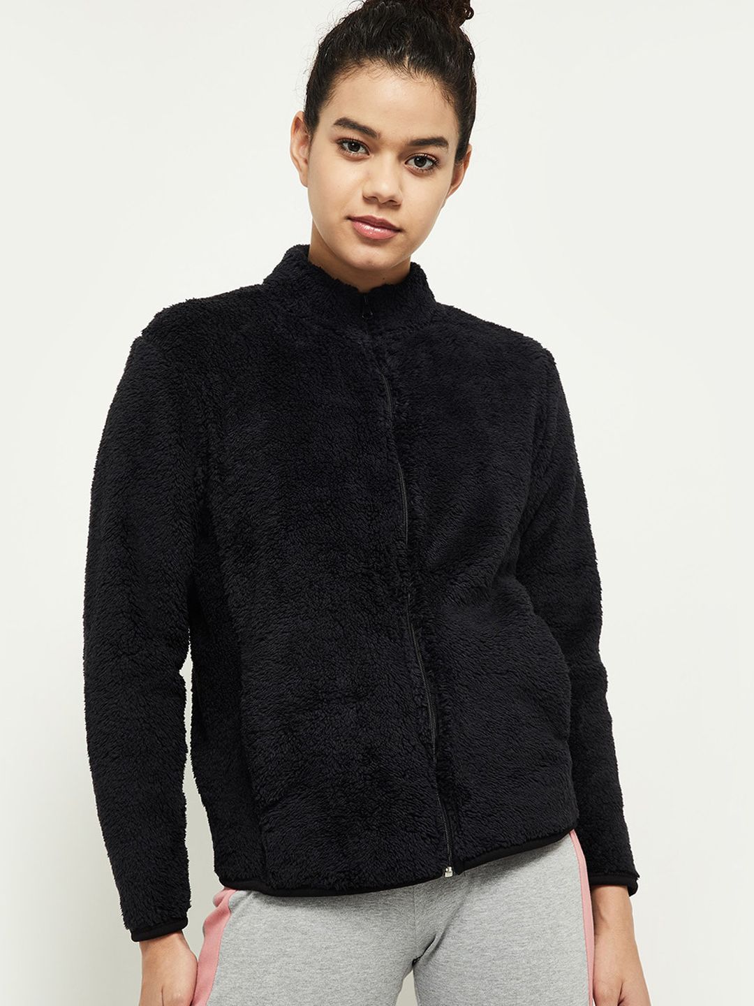 max Women Black Self Design Fleece Puffer Jacket Price in India