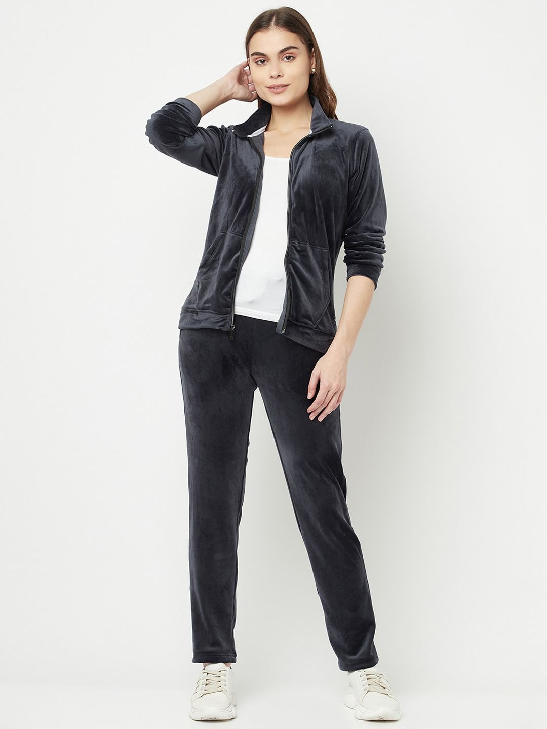 METTLE Women Navy Blue Solid Cotton Tracksuit Price in India