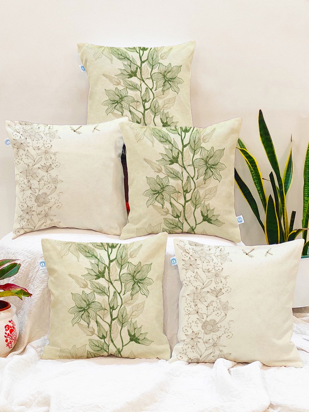STITCHNEST Cream Floral Cotton Washable 5 Piece Square Cushion Covers -18x18In