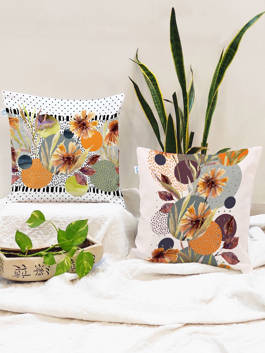 STITCHNEST Set of 2 Yellow & White Floral 24'' x 24'' Cushion Cover