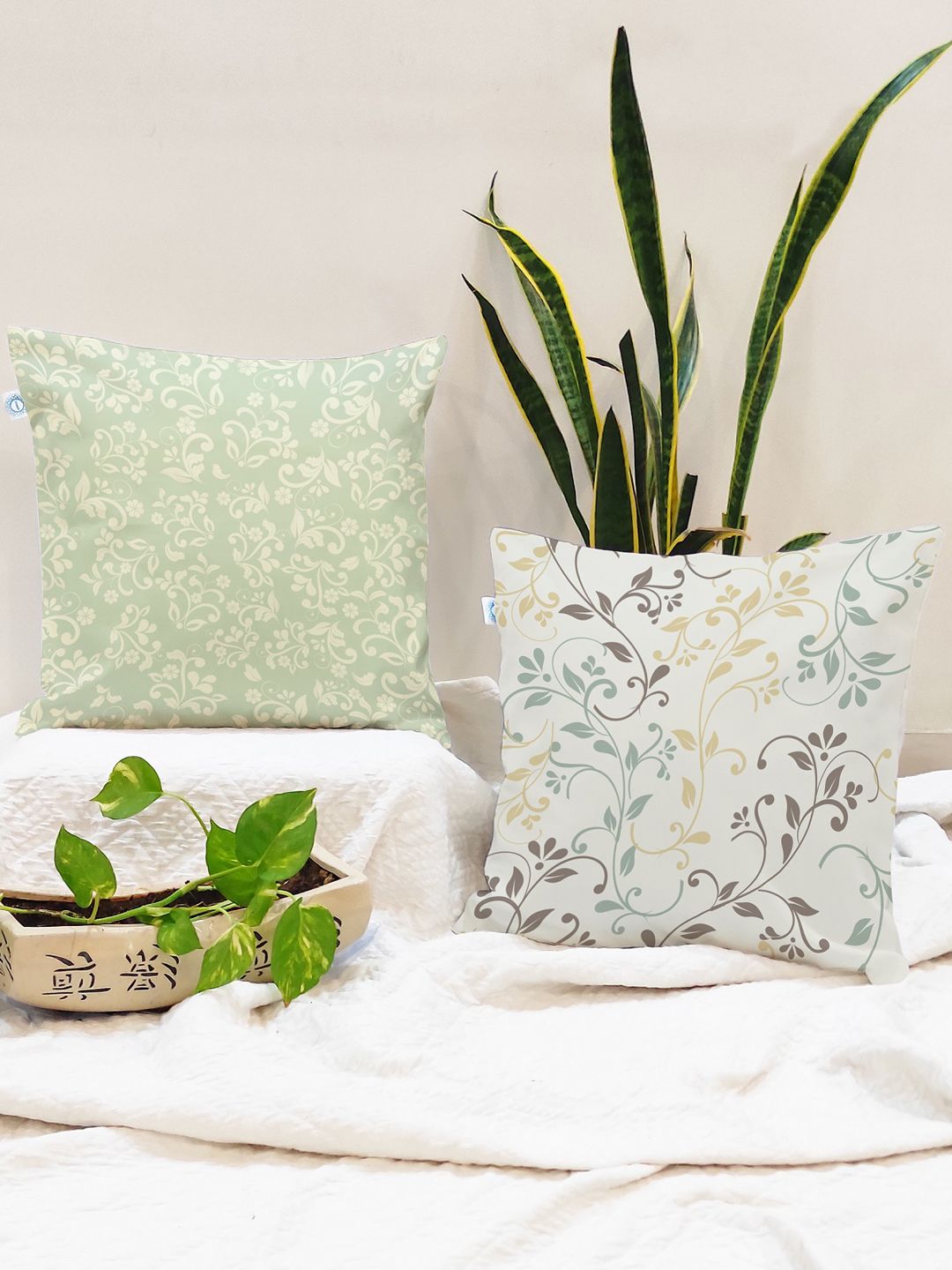 STITCHNEST Green Ethnic Motifs Cotton Washable 2 Piece Square Cushion Covers -24x24In