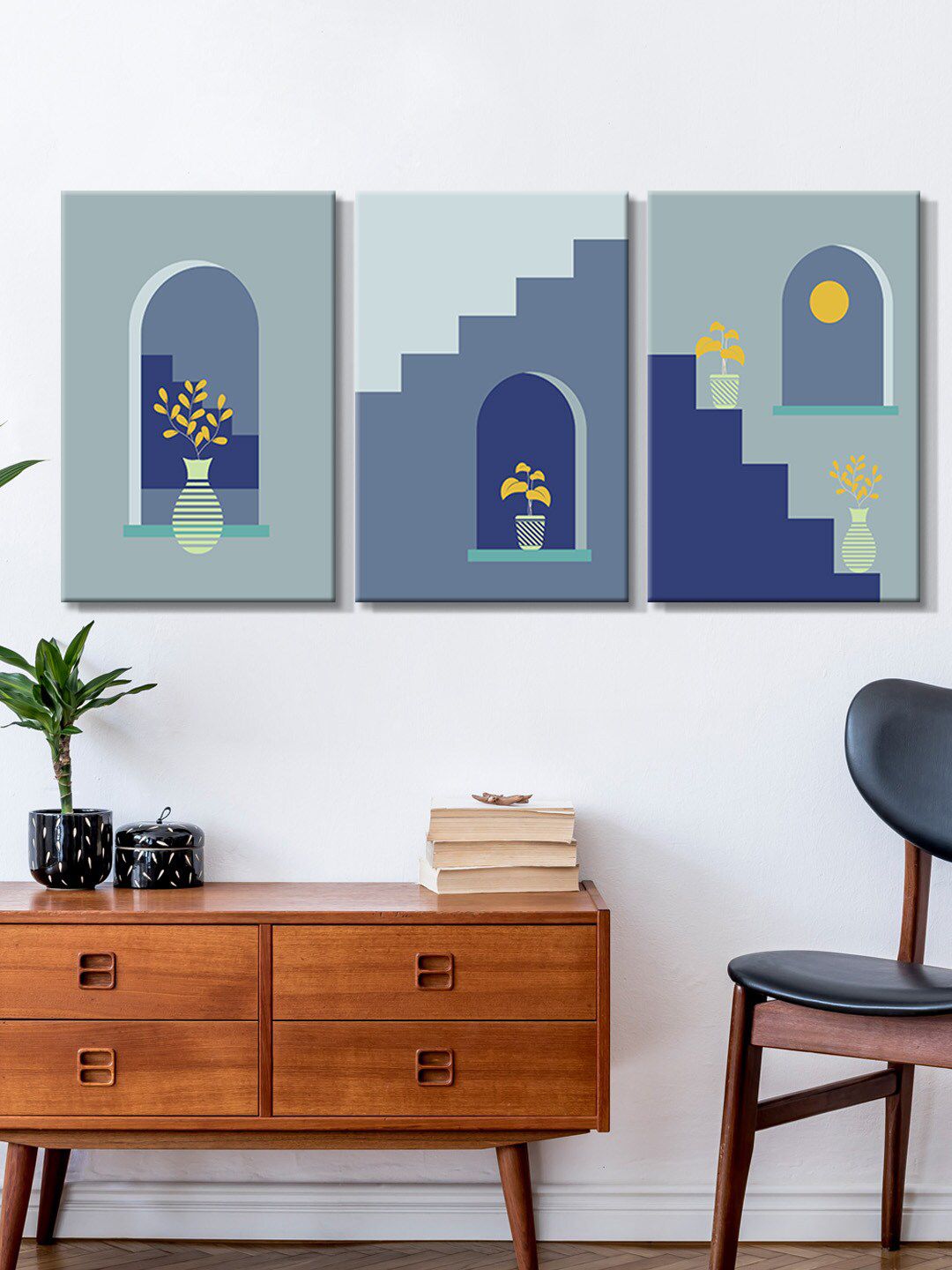 999Store Set Of 3 Blue & Yellow Building Architecture Painting Framed Wall Art Price in India