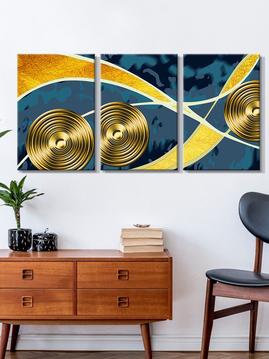 999Store Set Of 3 Blue & Gold-Coloured Abstract Circle Painting Wall Art Price in India