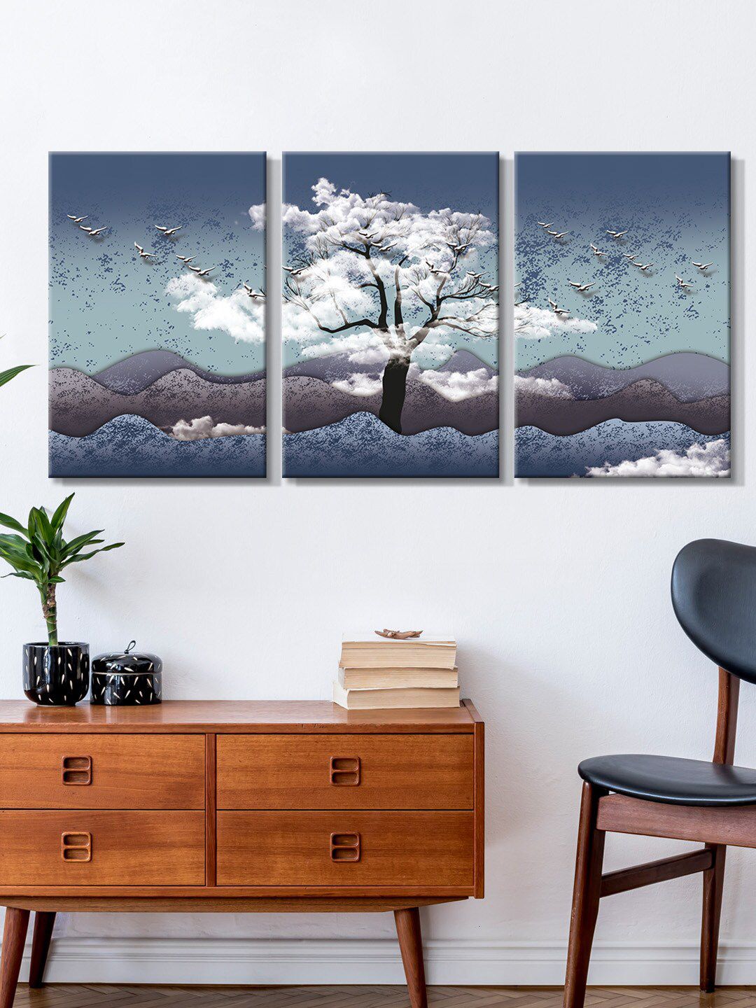 999Store Set Of 3 Grey & Blue Clouds Landscape Flying White Birds Canvas Wall Art Price in India