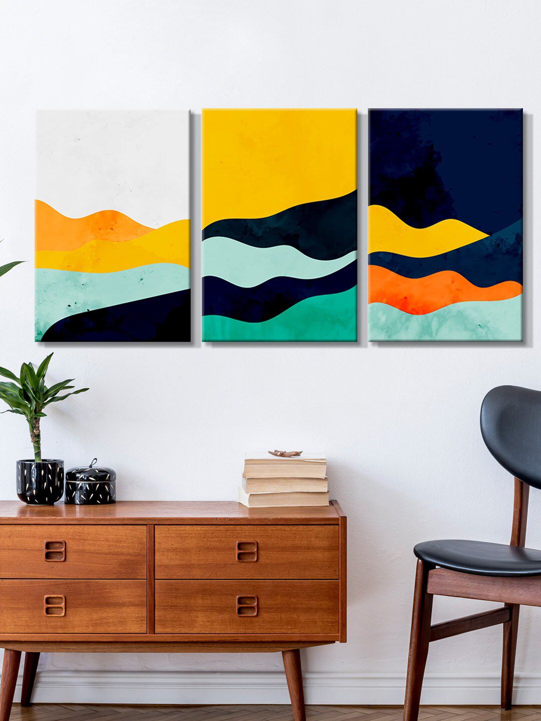 999Store Set Of 3 Yellow & White Mountain Abstract Painting Framed Wall Art Price in India