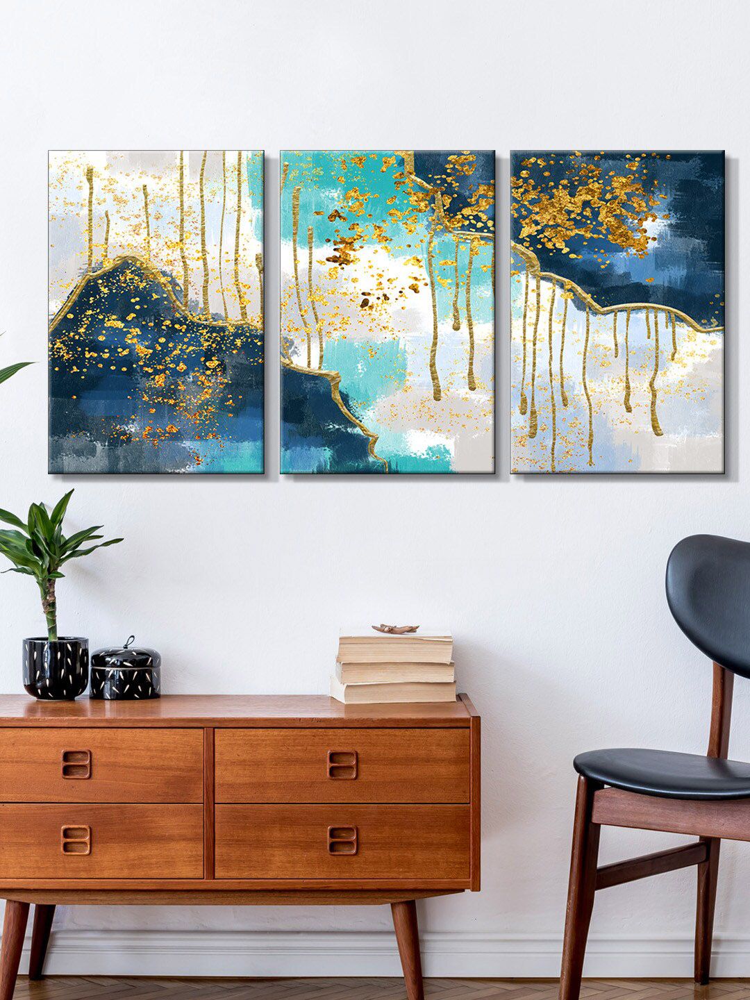 999Store Set Of 3 Blue & Gold-Toned Canvas Painting Wall Art Price in India