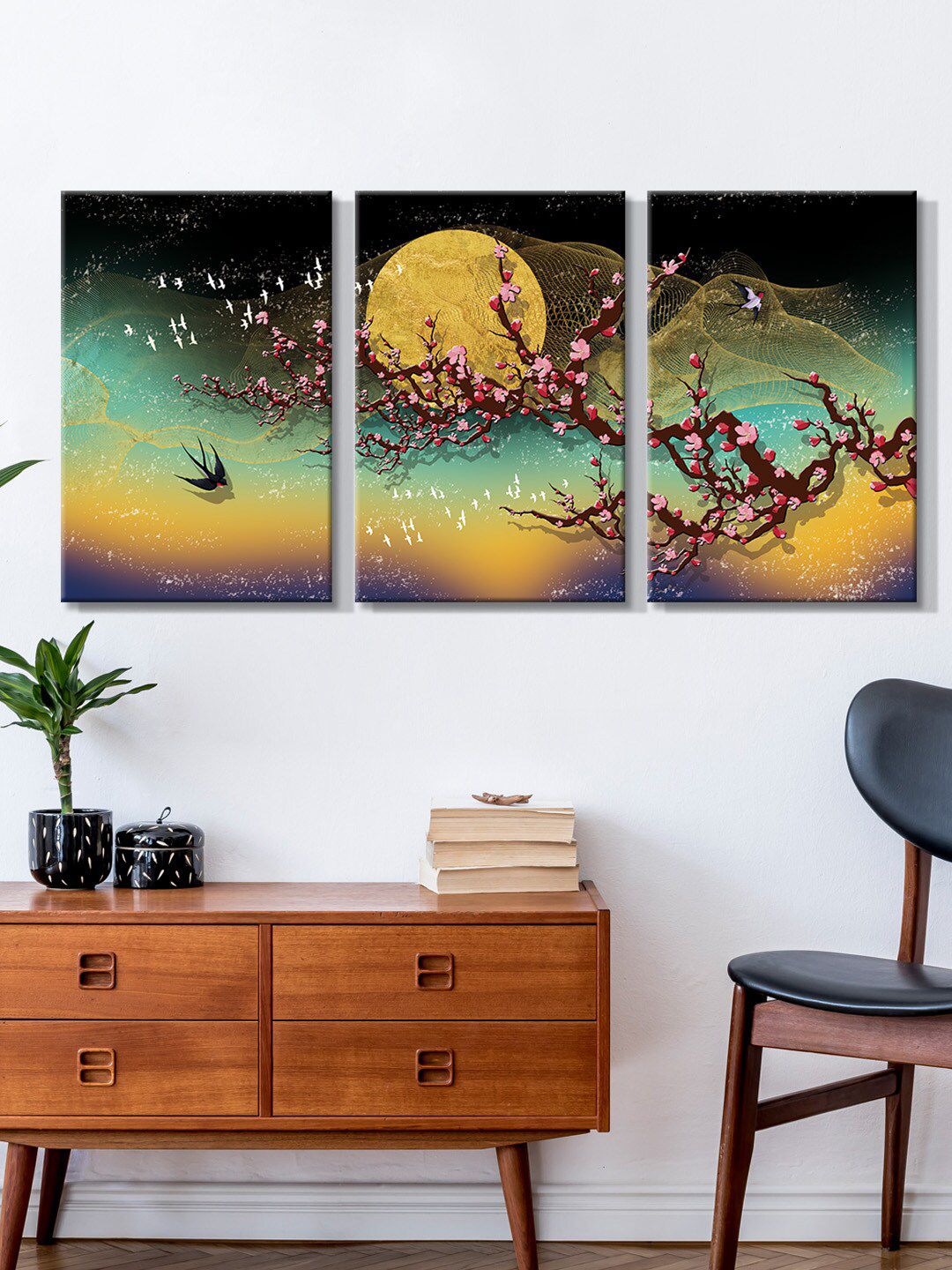 999Store Set Of 3 Brown & Pink Moonlight On Beautiful Flowers Canvas Painting Wall Art Price in India