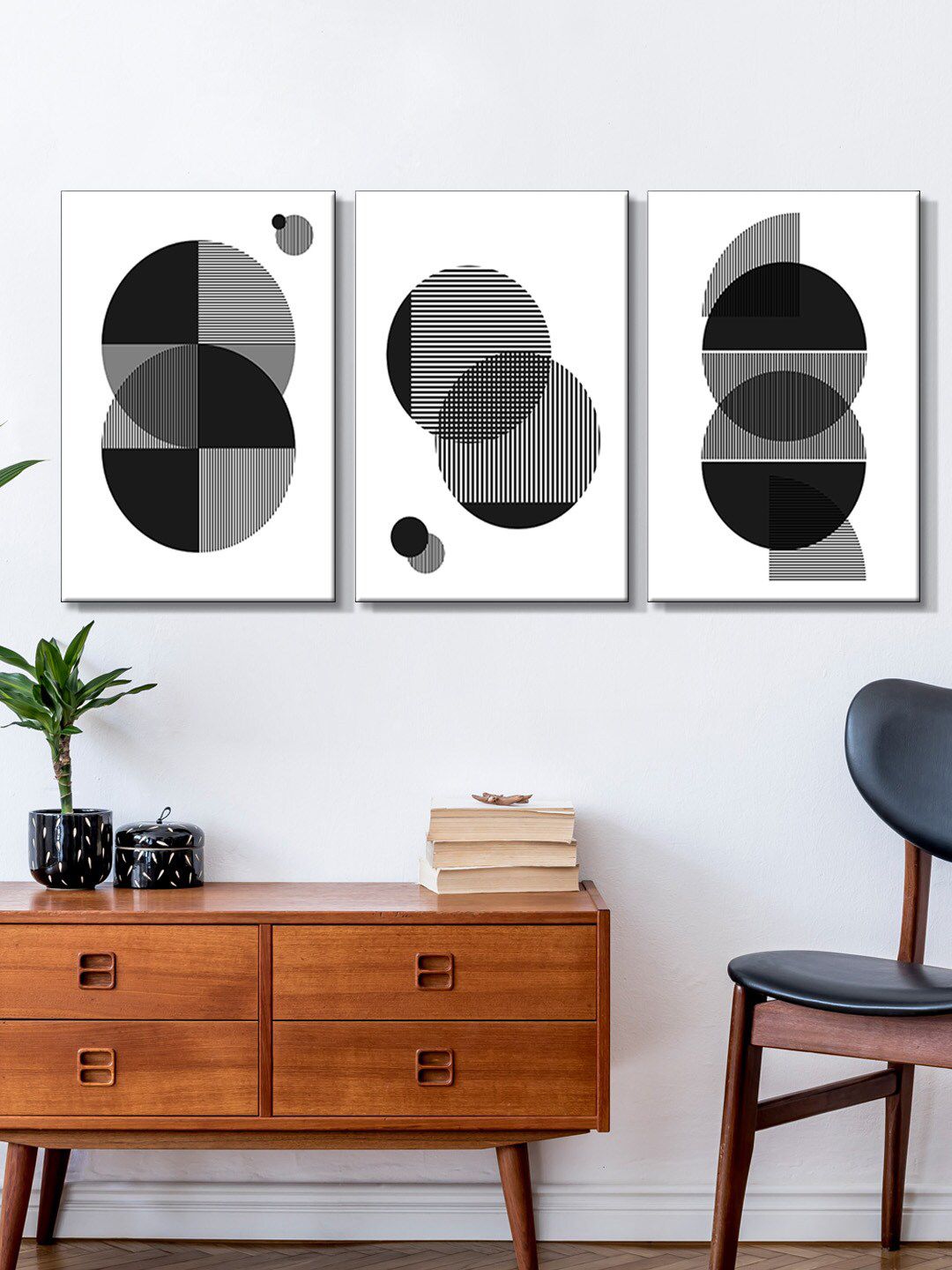 999Store Set Of 3 White & Black Circle Abstract Painting Framed Wall Art Price in India