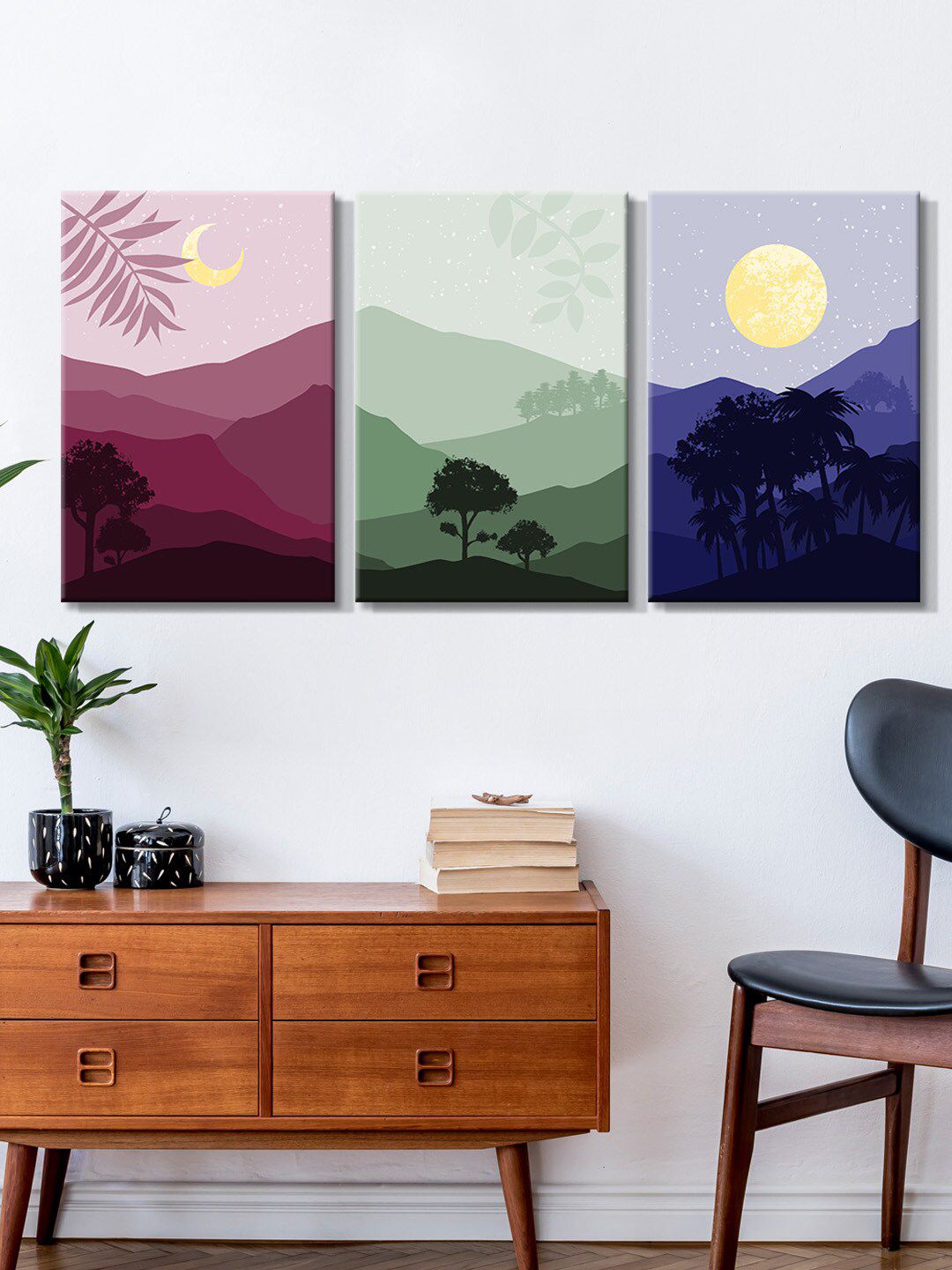 999Store Set Of 3 Multicolored Mountain Abstract Painting Framed Canvas Wall Art Price in India