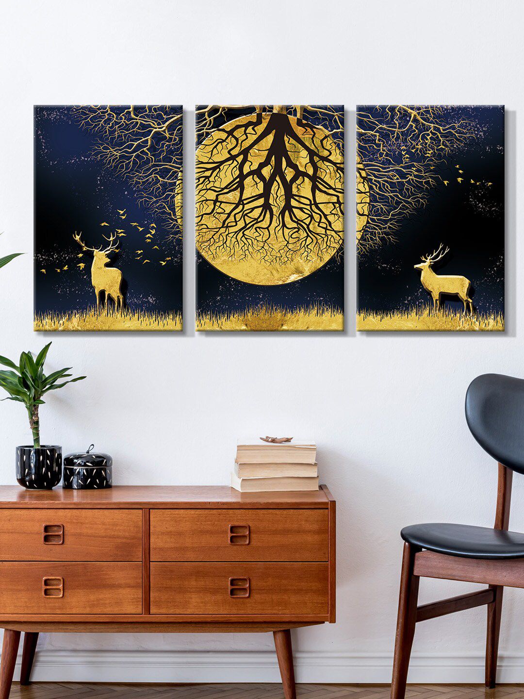 999Store Set Of 3 Blue & Gold-Toned Canvas Painting Wall Art Price in India