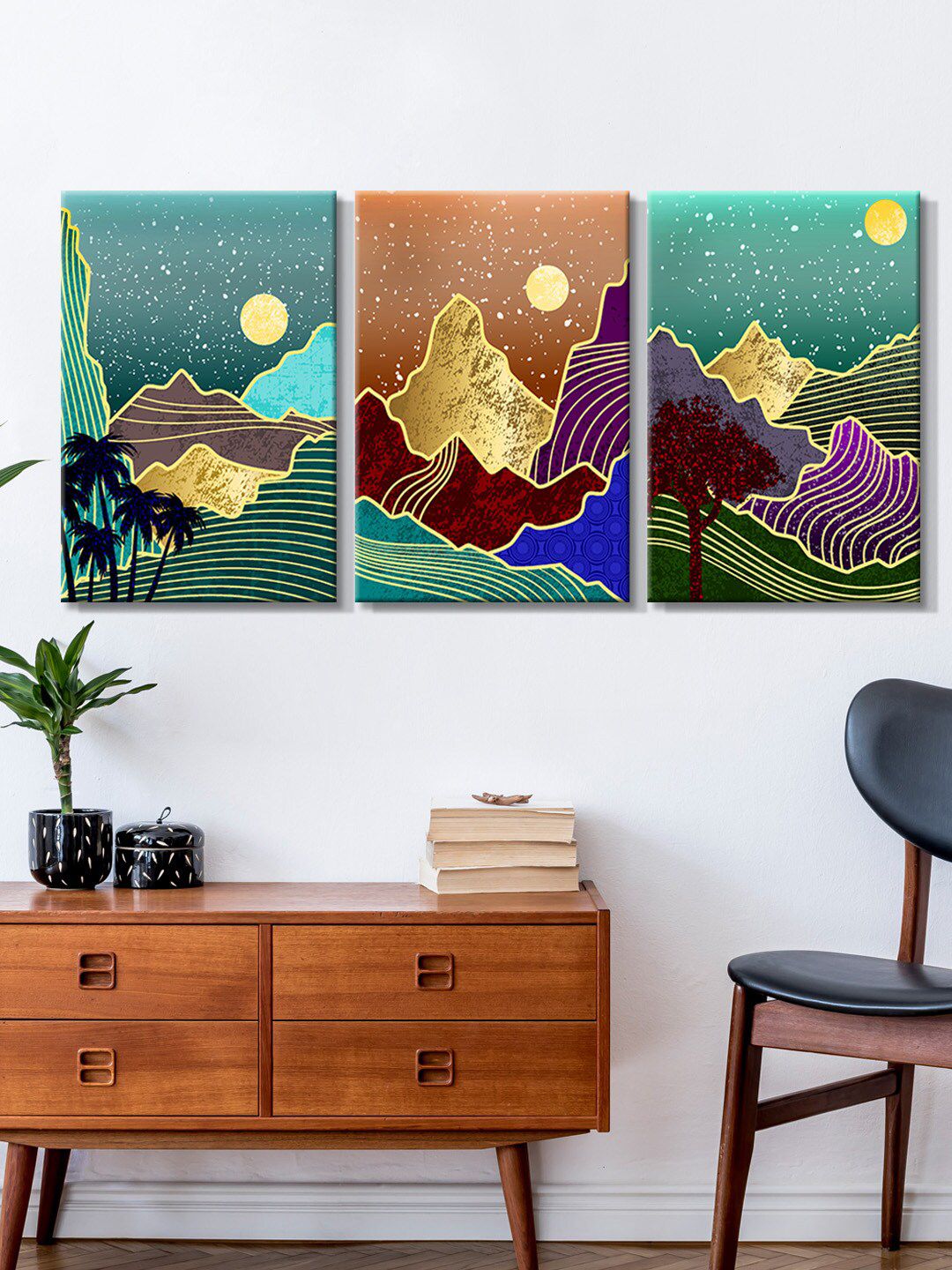 999Store Set of 3 Green & Blue Abstract Mountain Painting Canvas Wall Art Price in India