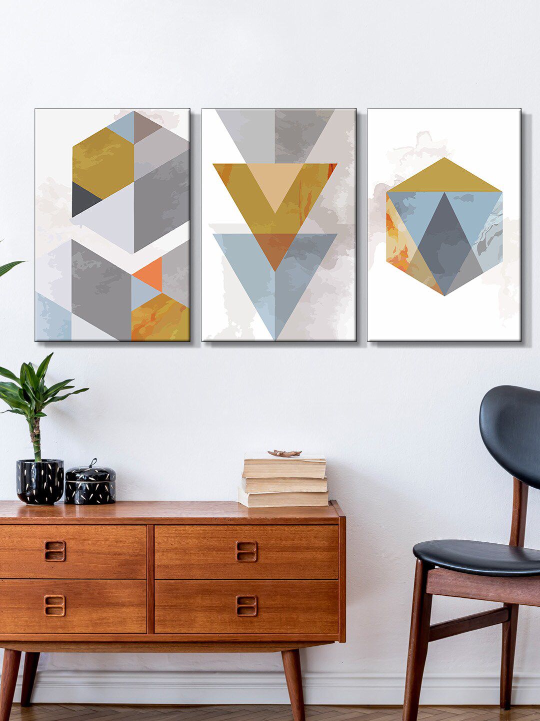 999Store Set of 3 White & Grey Abstract Triangle Painting Canvas Wall Art Price in India