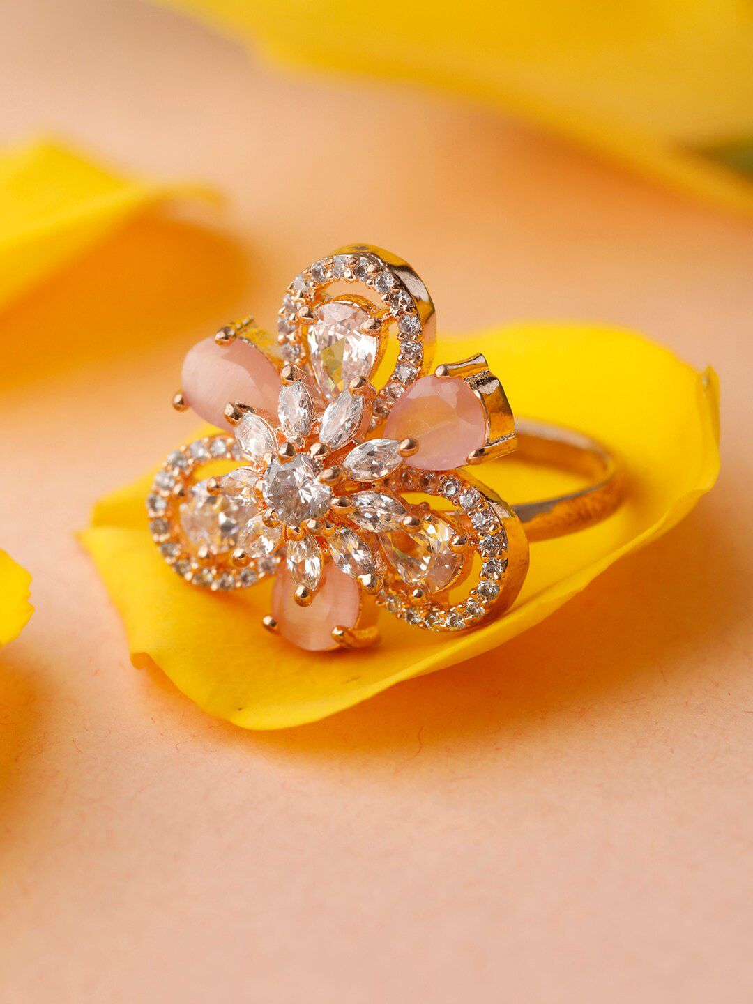 Priyaasi Pink Rose Gold-Plated AD-Studded Adjustable Finger Ring Price in India