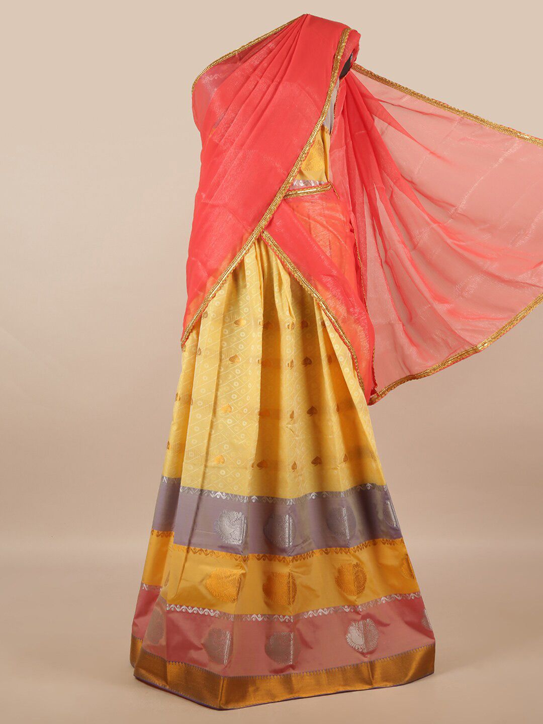 Pothys Peach-Coloured & Yellow Unstitched Lehenga & Blouse With Dupatta Price in India