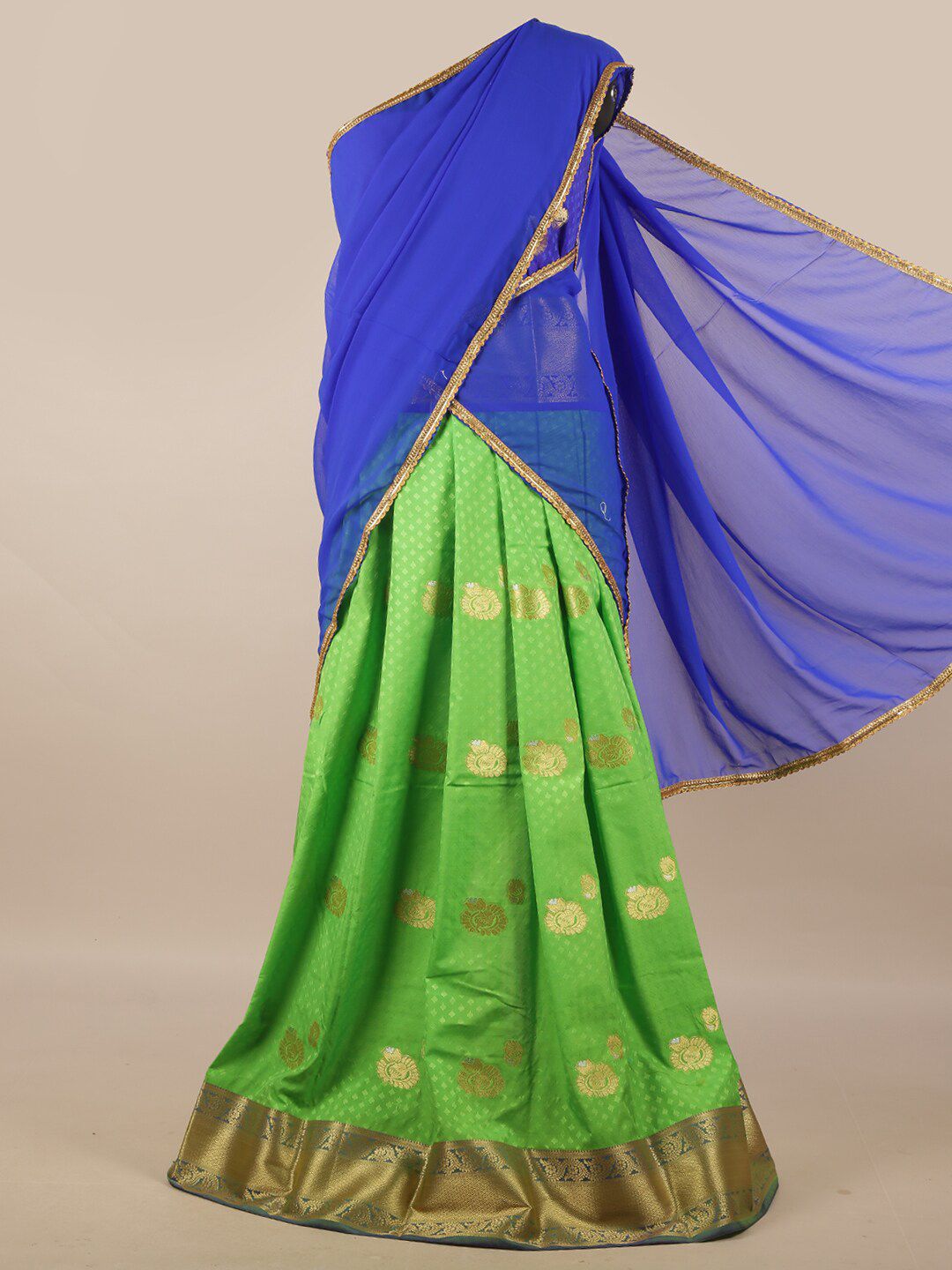 Pothys Blue & Green Unstitched Lehenga & Blouse With Dupatta Price in India