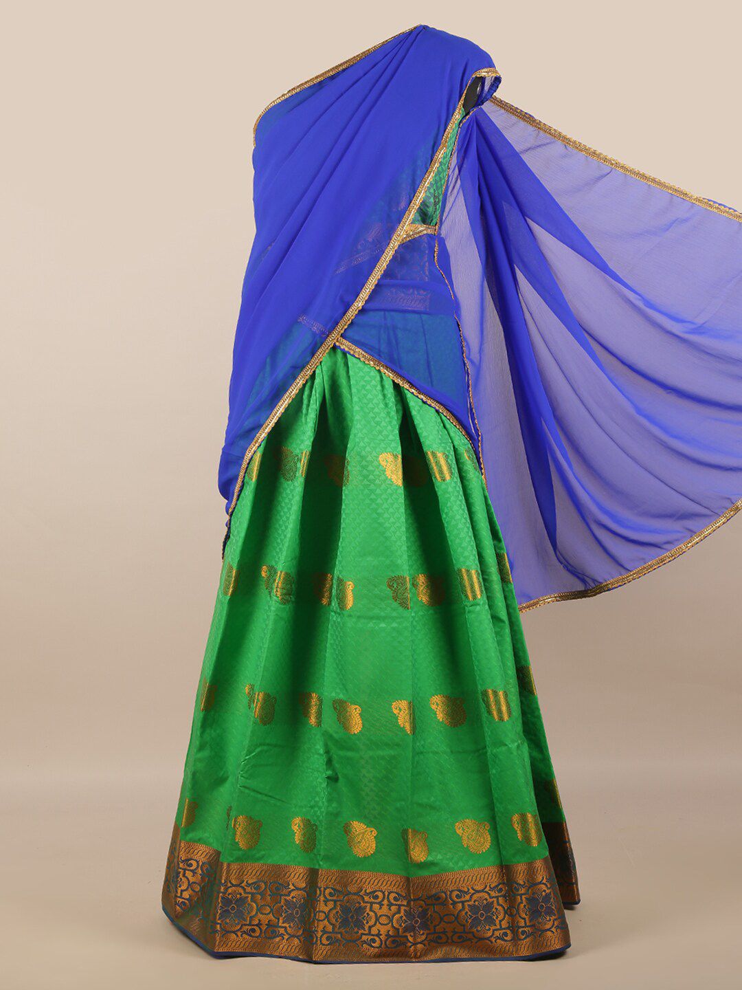 Pothys Blue & Green Unstitched Lehenga & Blouse With Dupatta Price in India