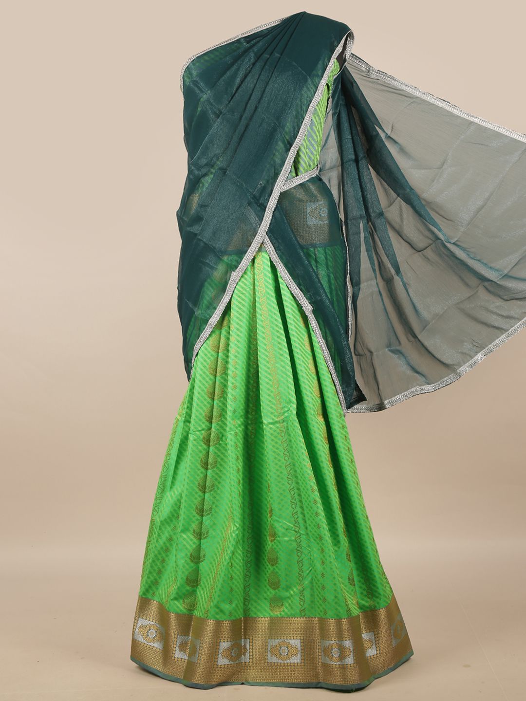 Pothys Green & Silver-Toned Unstitched Lehenga & Blouse With Dupatta Price in India