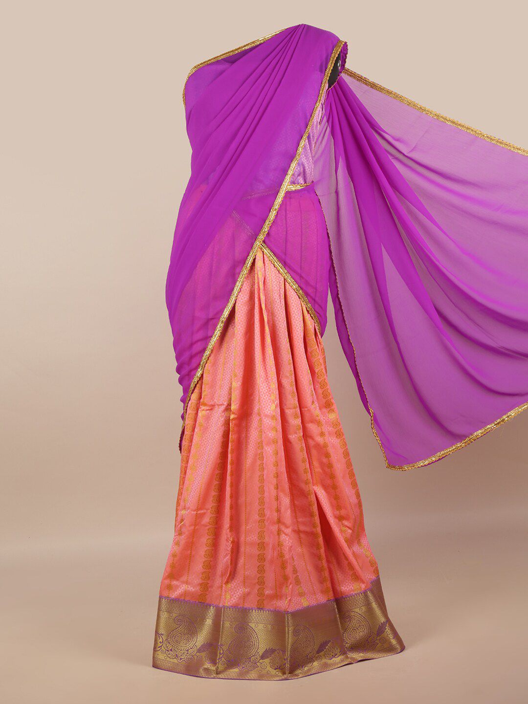 Pothys Lavender & Peach-Coloured Unstitched Lehenga & Blouse With Dupatta Price in India