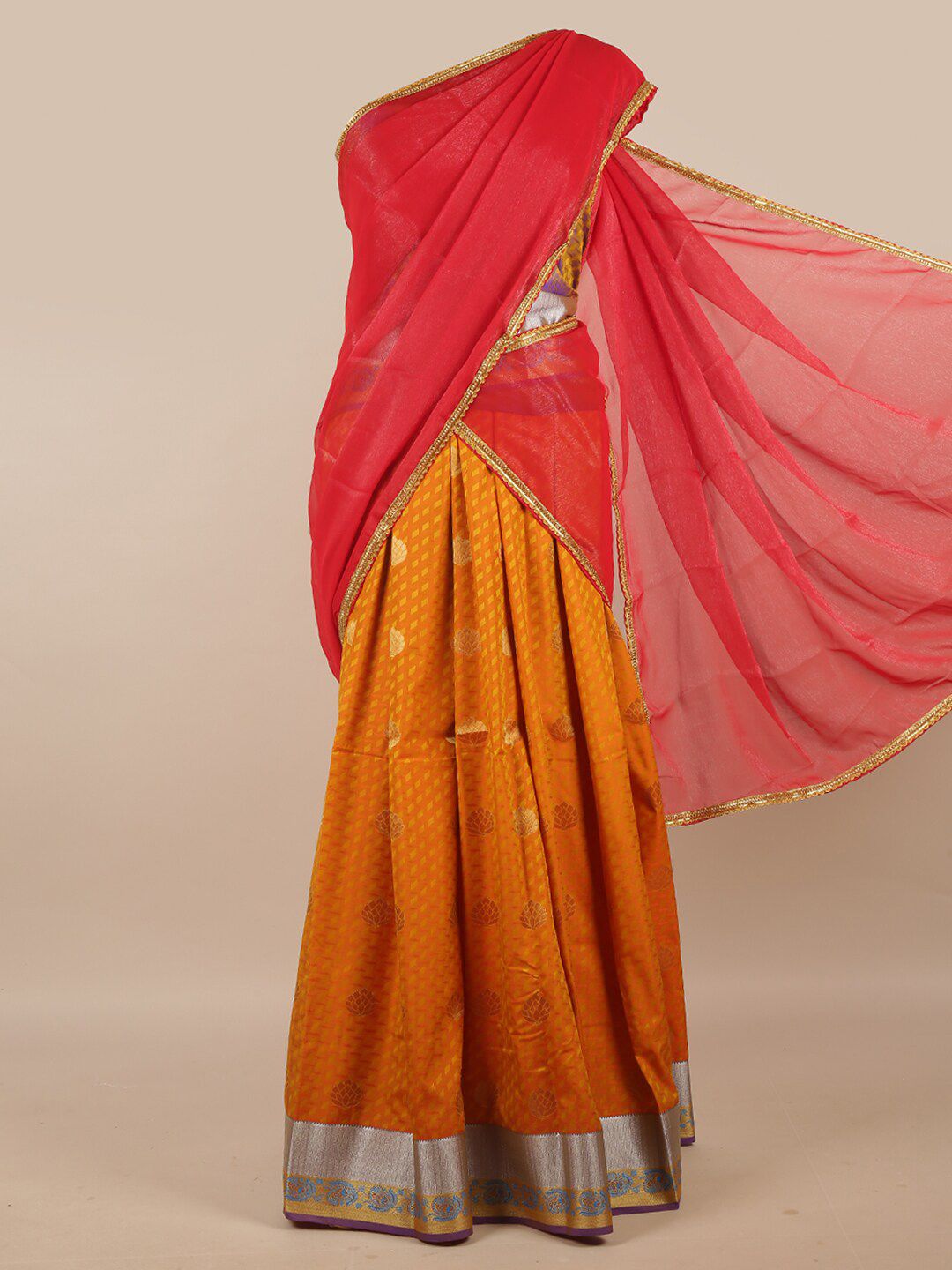 Pothys Red & Orange Unstitched Lehenga & Blouse With Dupatta Price in India