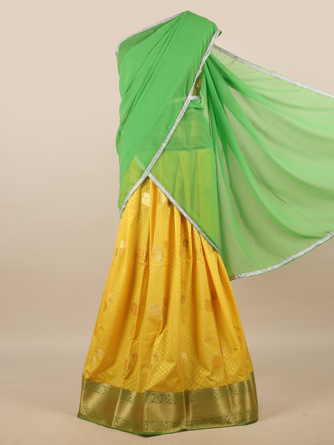 Pothys Green & Yellow Unstitched Lehenga & Blouse With Dupatta Price in India