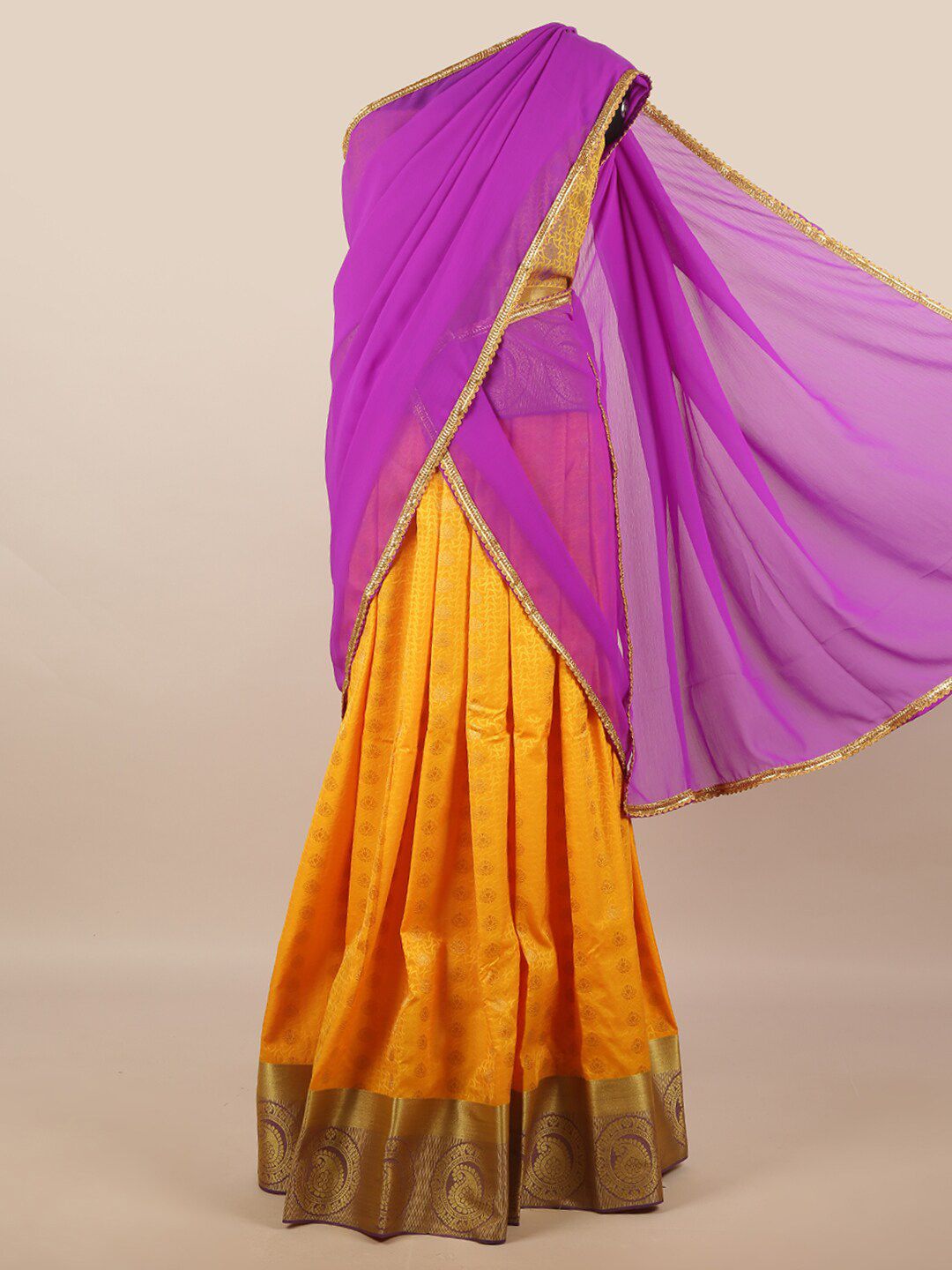 Pothys Lavender & Yellow Unstitched Lehenga & Blouse With Dupatta Price in India