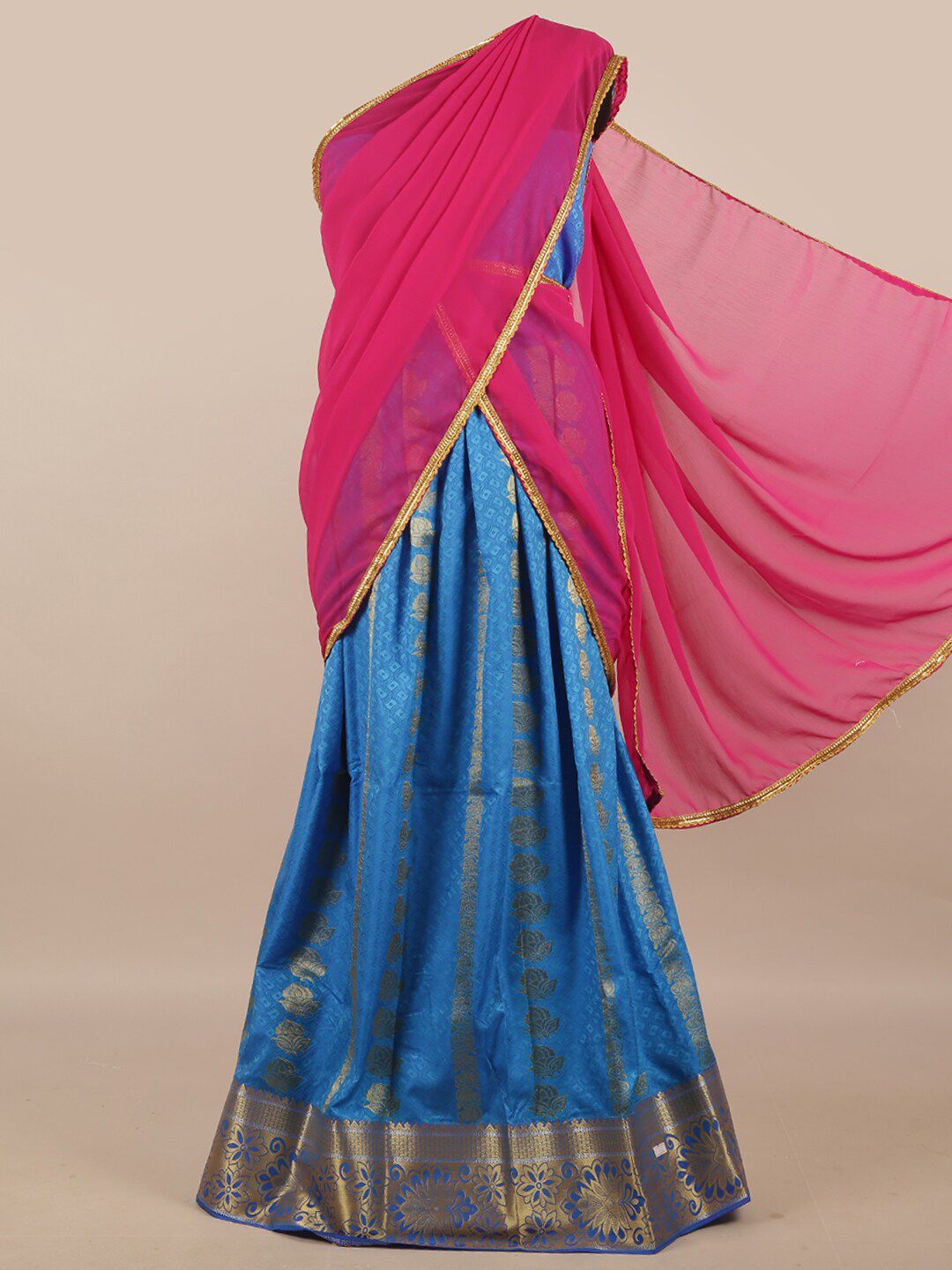 Pothys Pink & Blue Unstitched Lehenga & Blouse With Dupatta Price in India