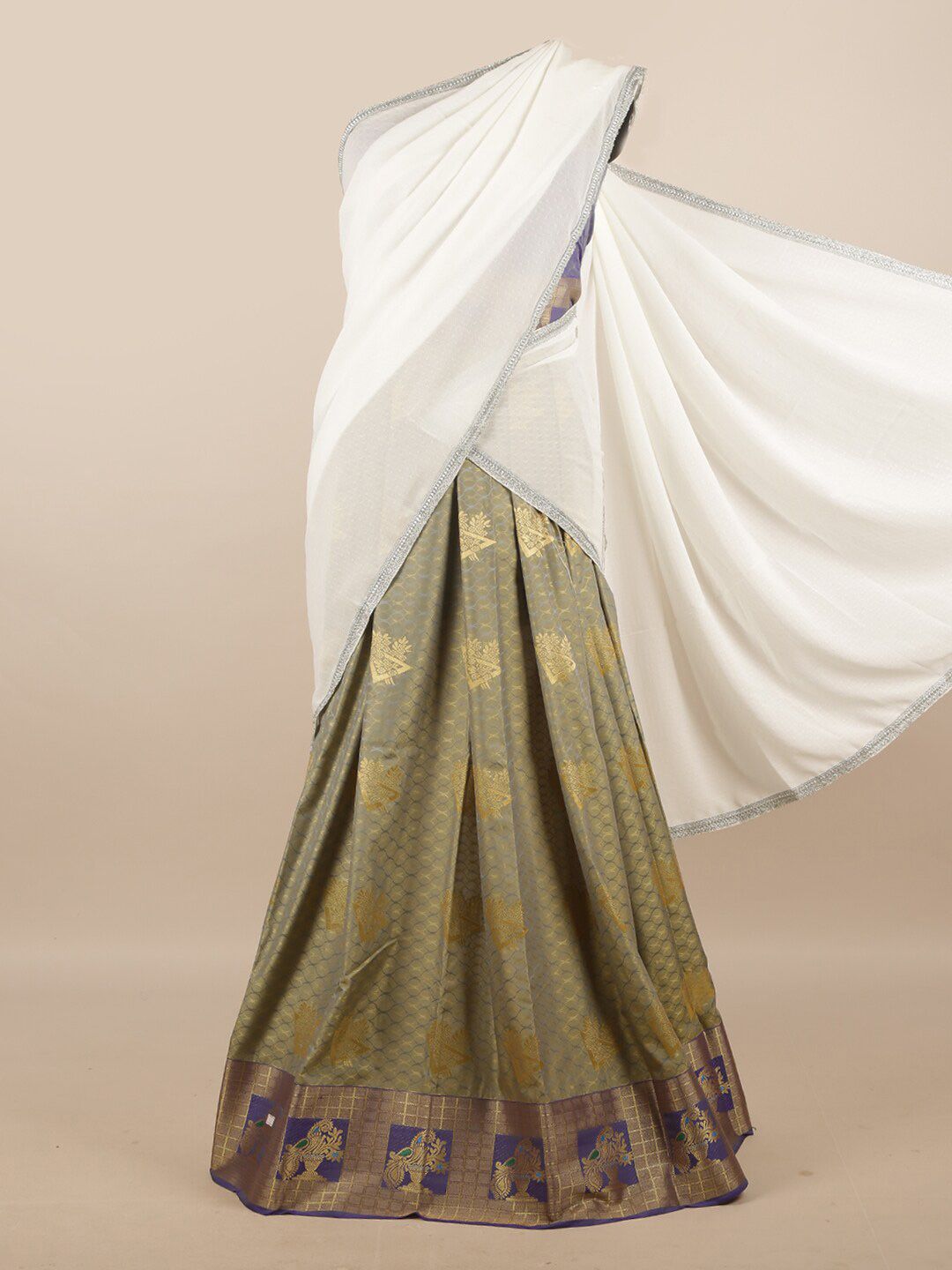 Pothys White & Olive Green Unstitched Lehenga & Blouse With Dupatta Price in India