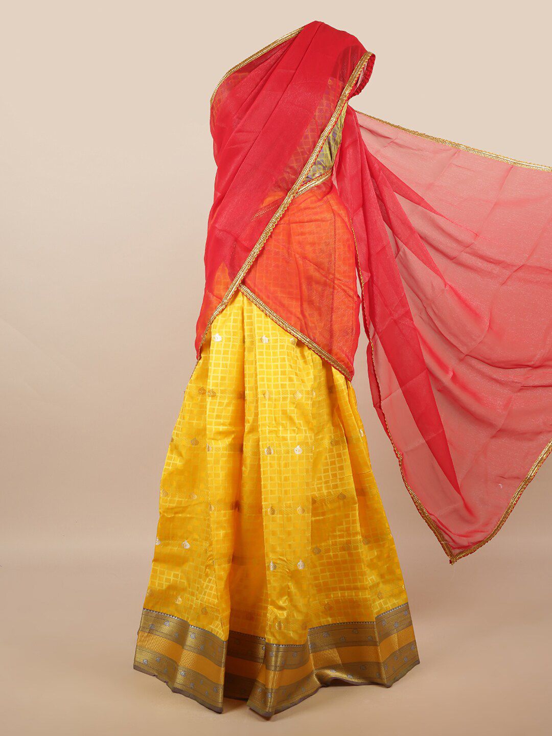 Pothys Red & Yellow Unstitched Half Saree Price in India