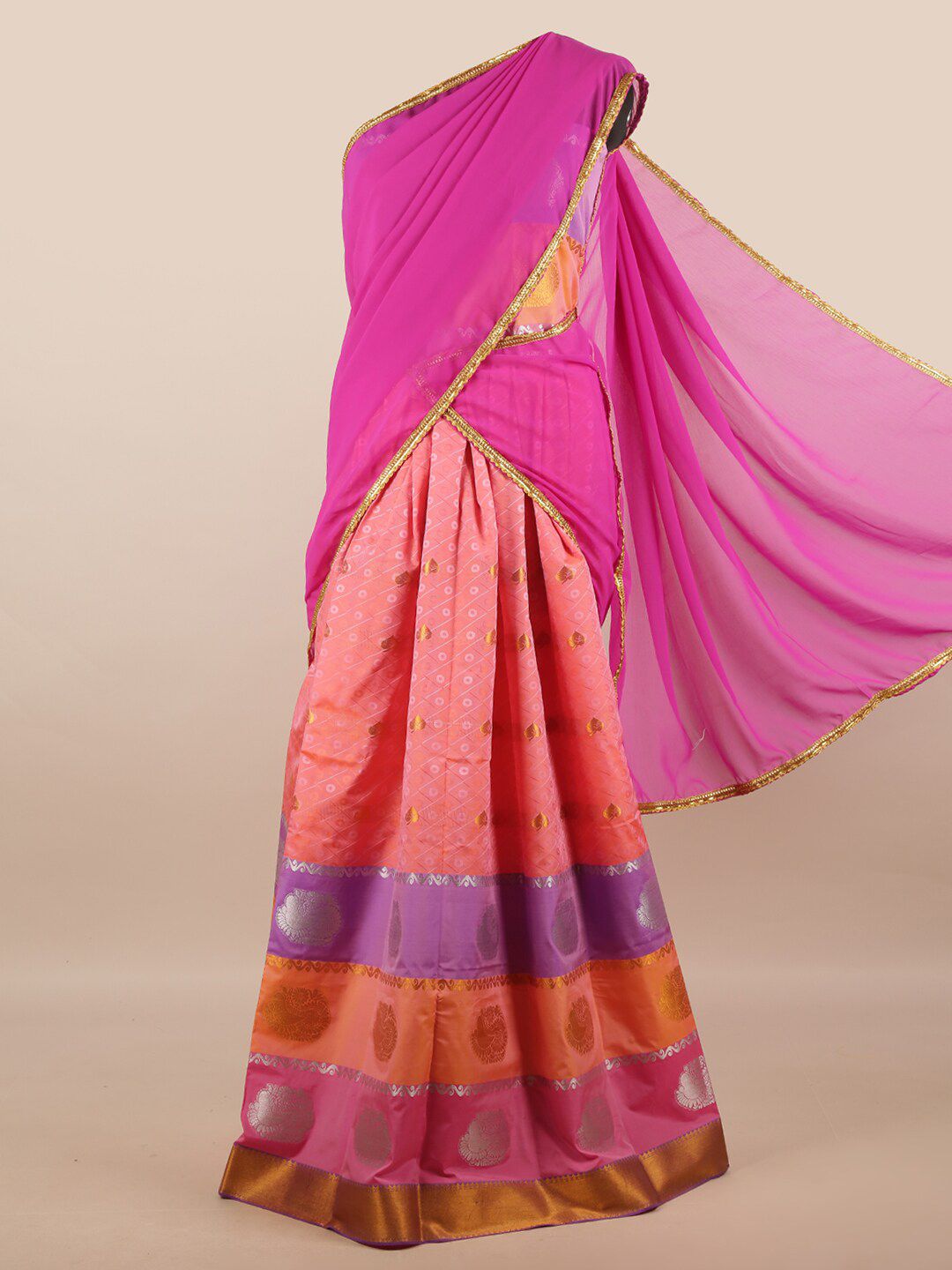 Pothys Purple & Peach-Coloured Unstitched Lehenga & Blouse With Dupatta Price in India