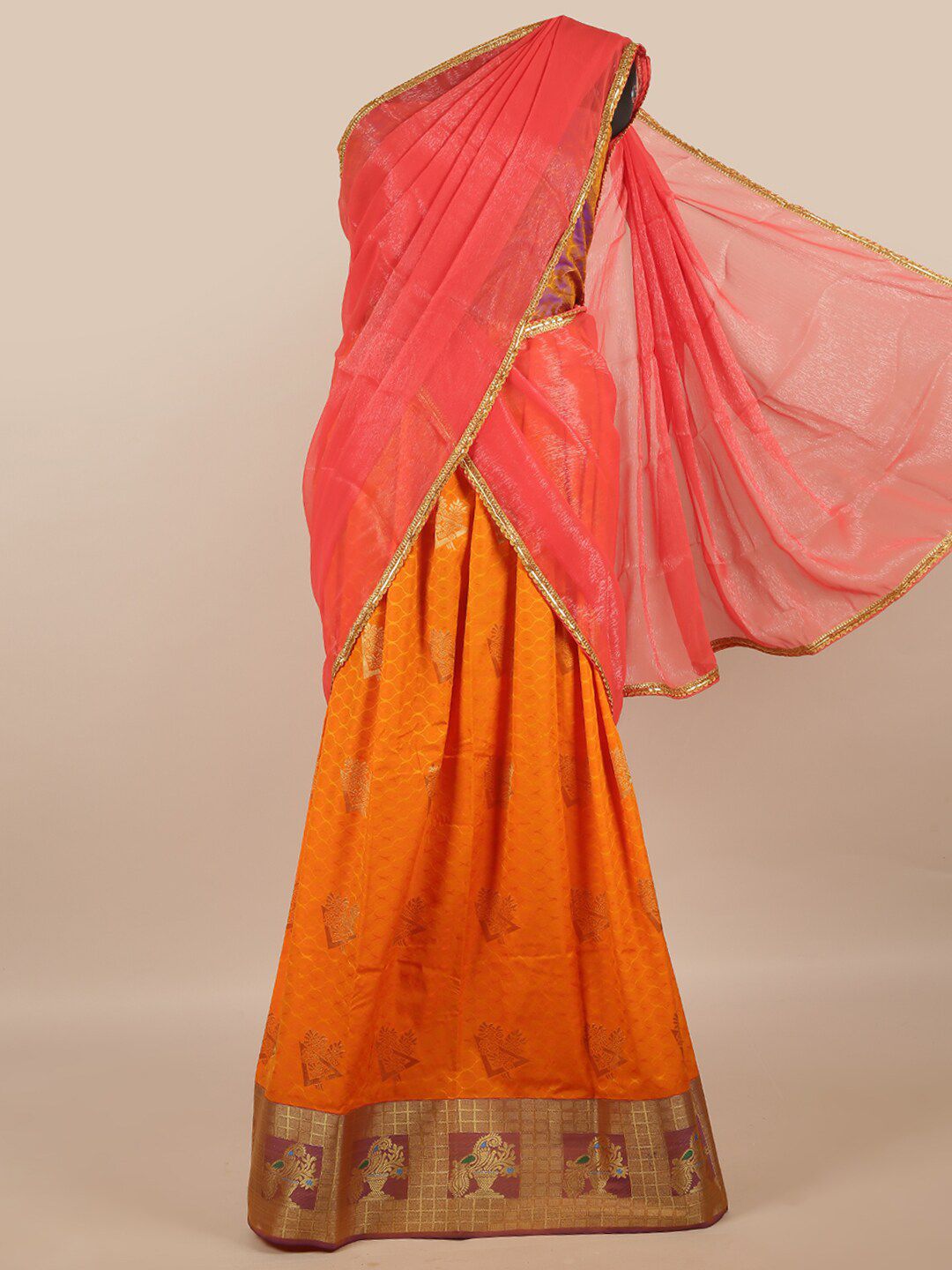 Pothys Peach-Coloured & Orange Unstitched Lehenga & Blouse With Dupatta Price in India