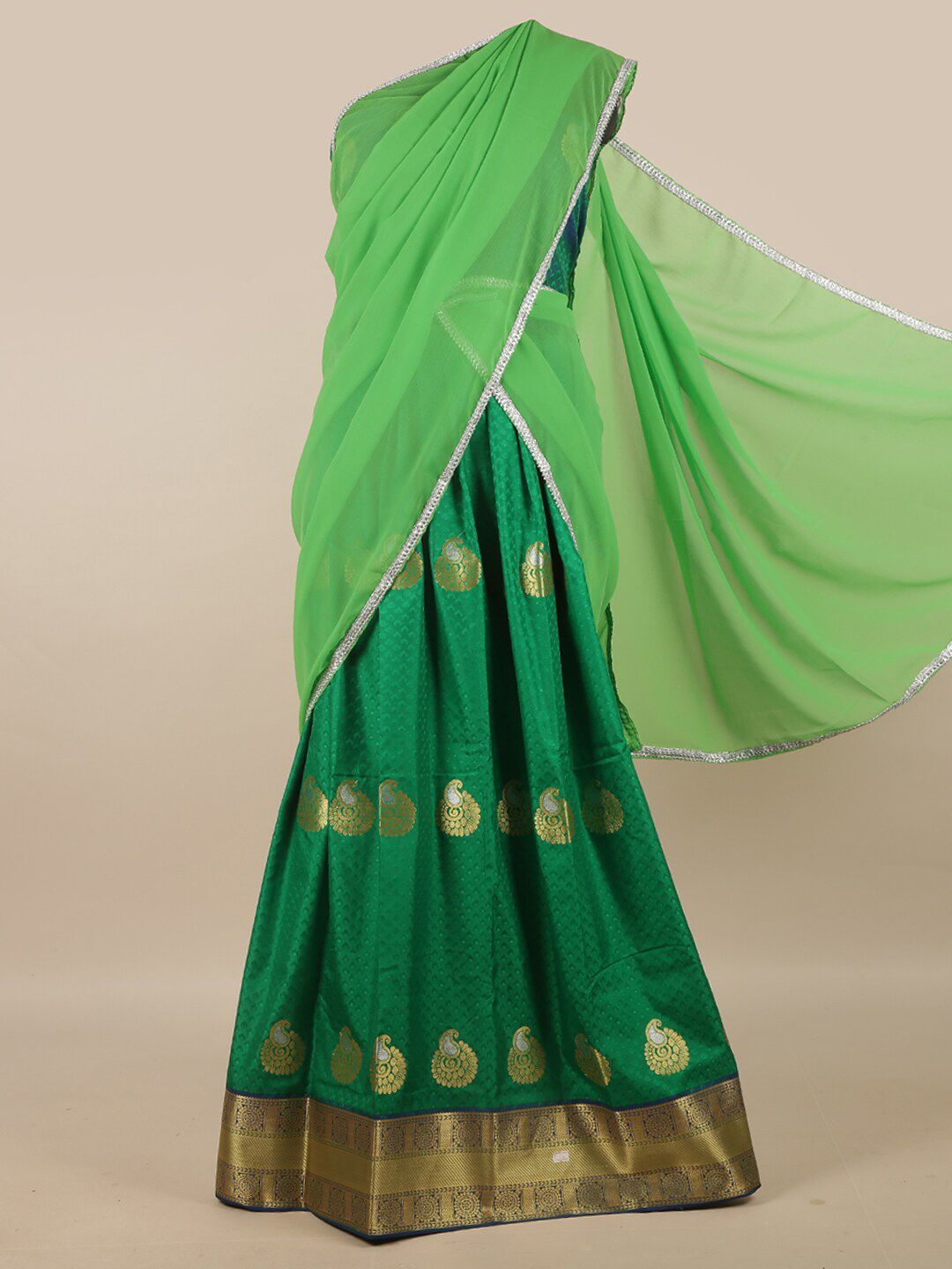 Pothys Green & Gold-Toned Unstitched Lehenga & Blouse With Dupatta Price in India