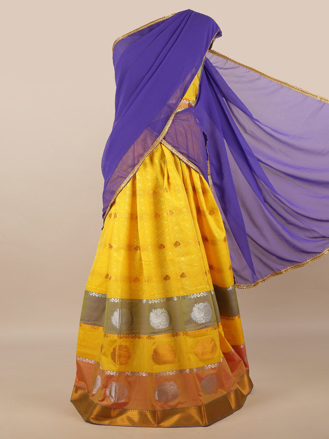 Pothys Blue & Yellow Unstitched Lehenga & Blouse With Dupatta Price in India