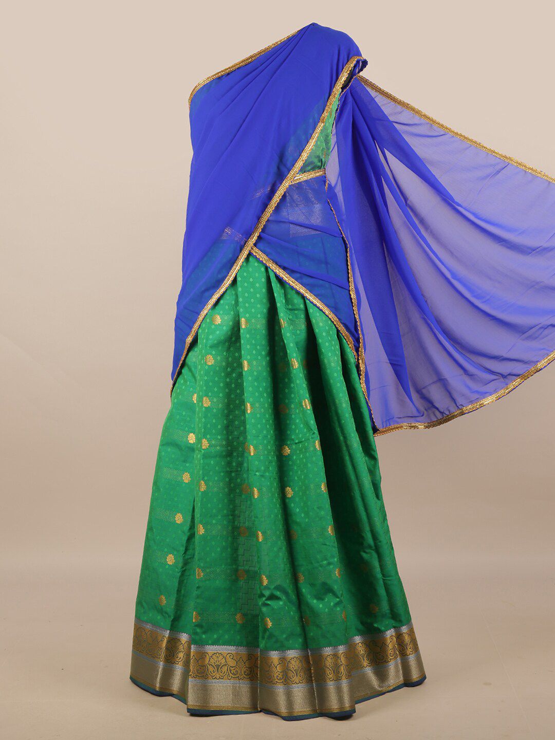 Pothys Blue & Green Unstitched Lehenga & Blouse With Dupatta Price in India