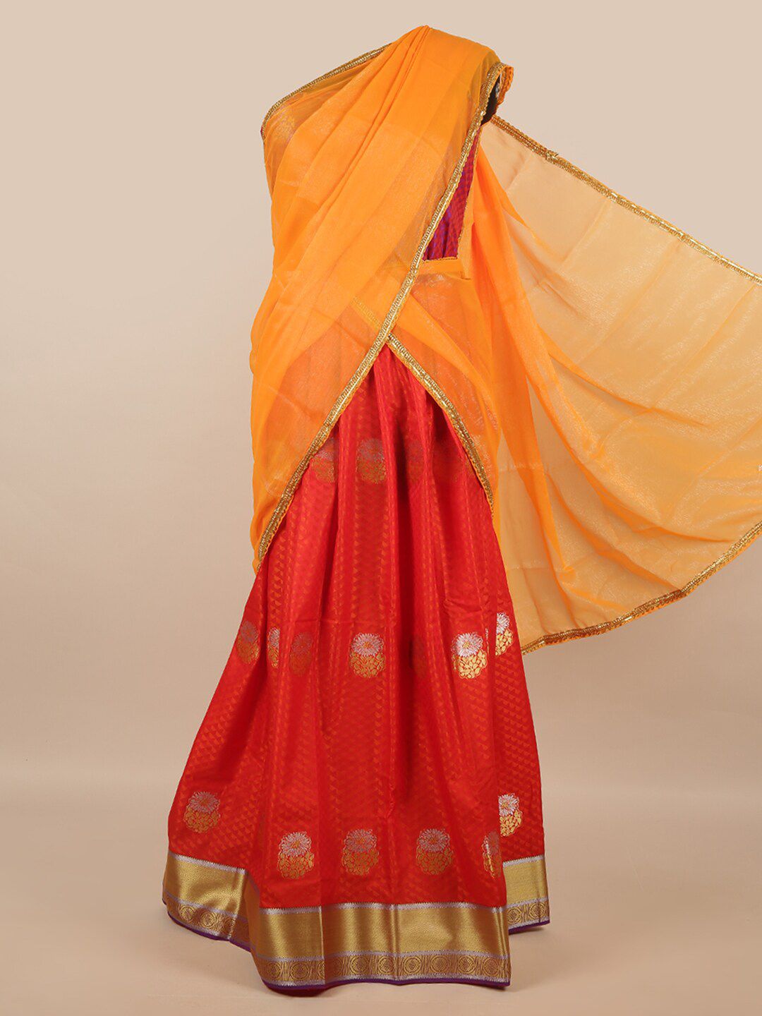 Pothys Orange & Red Unstitched Lehenga & Blouse With Dupatta Price in India