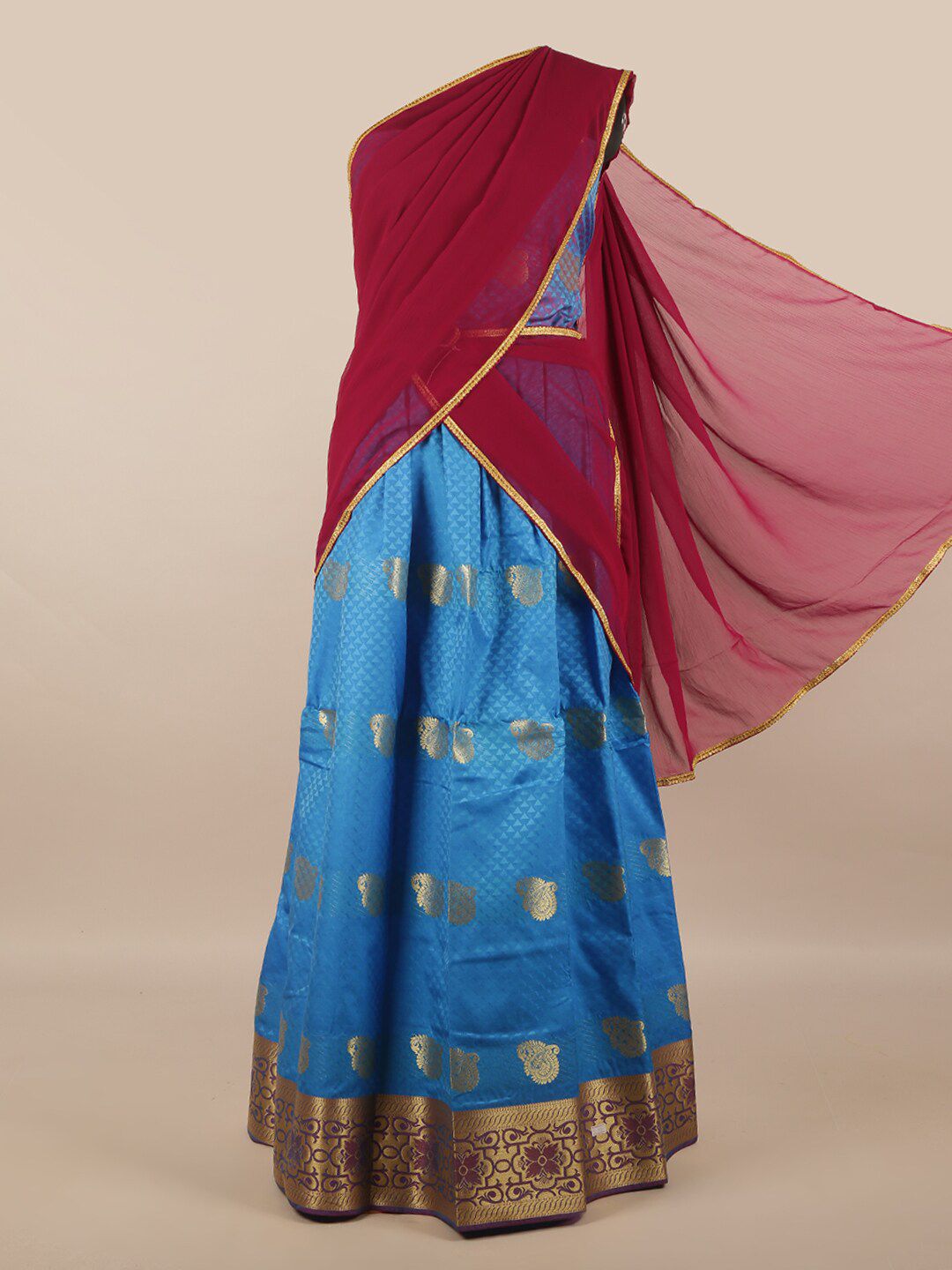 Pothys Maroon & Blue Unstitched Lehenga & Blouse With Dupatta Price in India