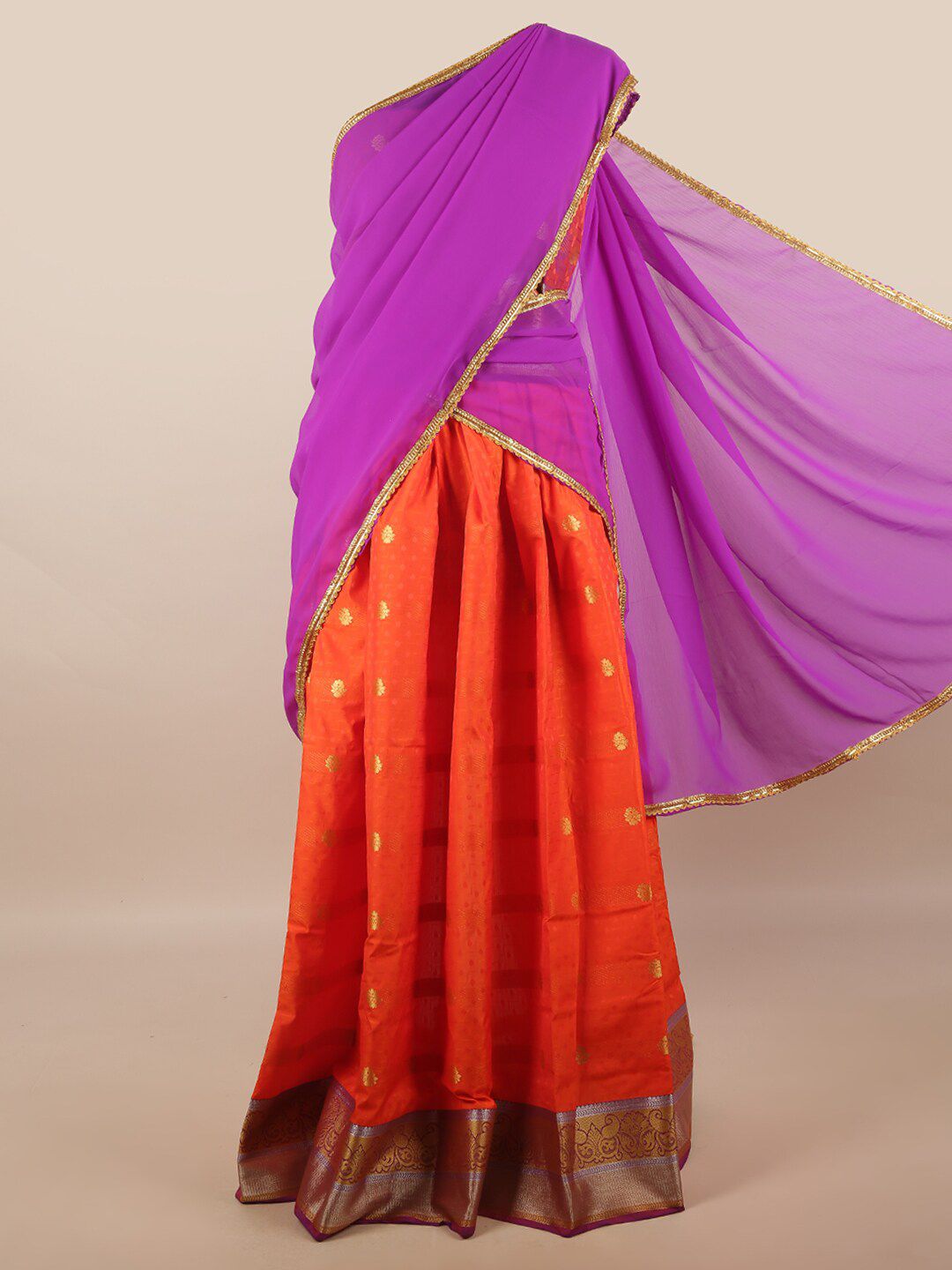 Pothys Purple & Orange Unstitched Lehenga & Blouse With Dupatta Price in India