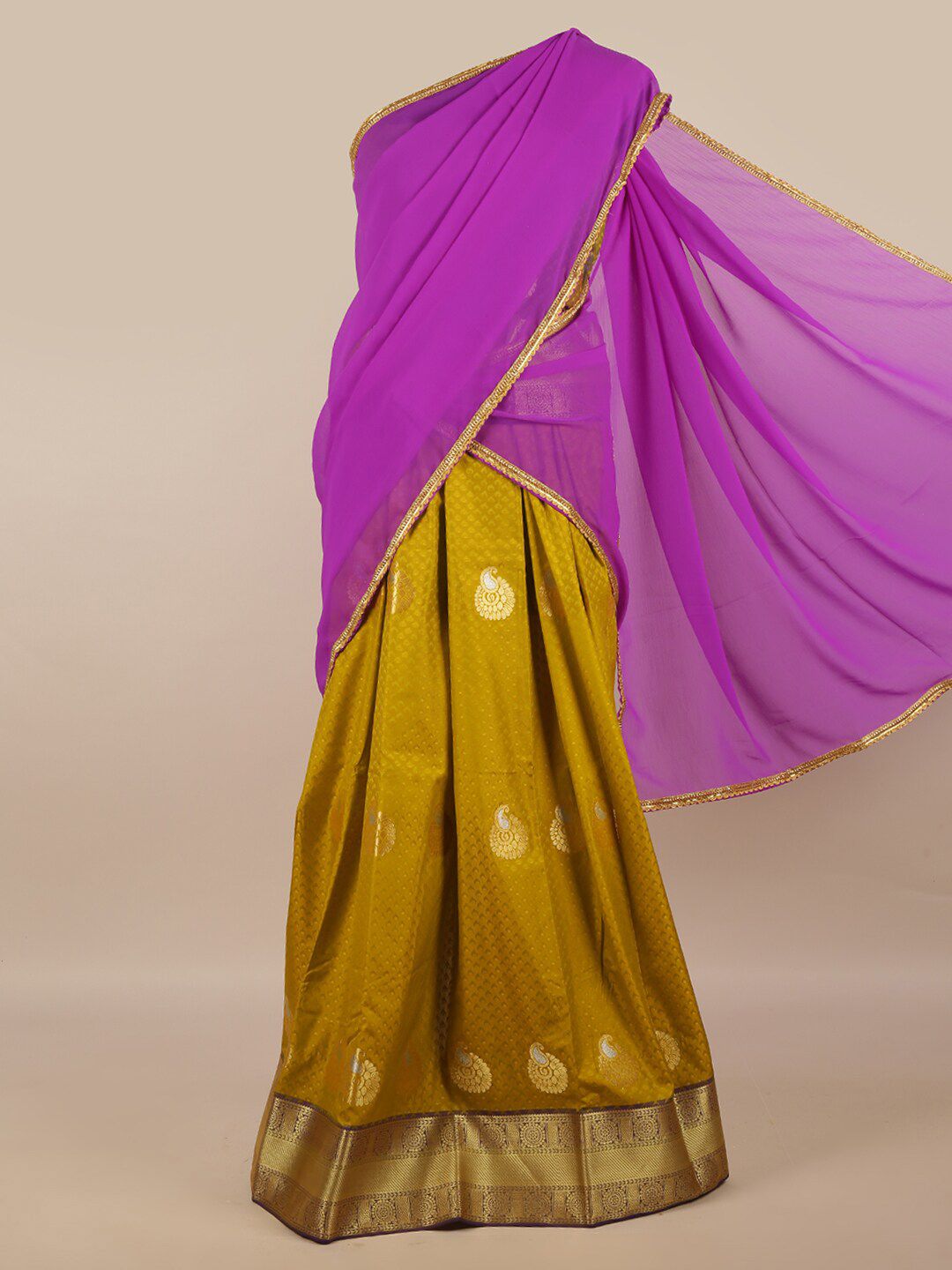 Pothys Purple & Mustard Unstitched Skirt & Blouse With Dhavani Price in India