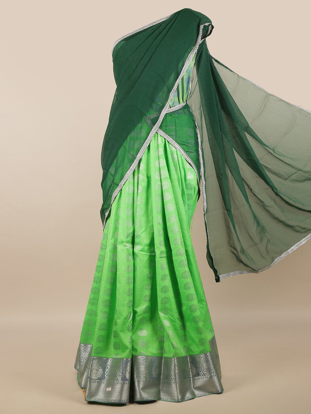 Pothys Green & Silver-Toned Unstitched Lehenga & Blouse With Dupatta Price in India